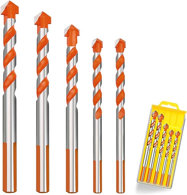 5 Pcs Tile Drill Bits Set, (6 6mm 8mm 10mm 12mm) Masonry Drill Bits kit Tungsten Carbide Tip Drill Bits for Concrete Cement Brick Glass Wall Plastic Wood Metal