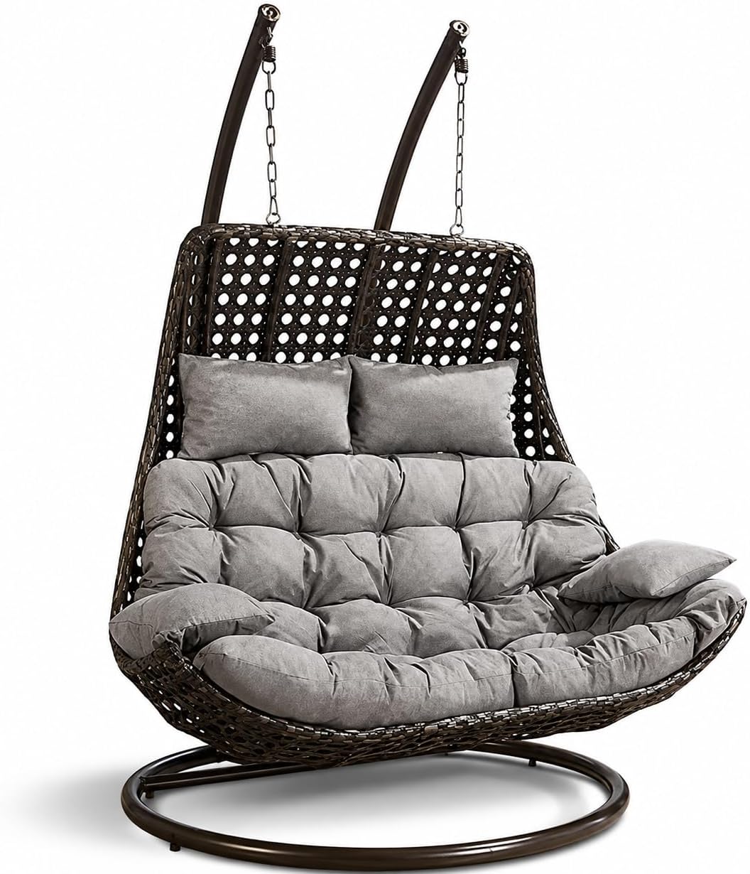 Hindoro Rattan Wicker Wrought and Cast Iron Outdoor Balcony Furniture Double Seater Swing Chair with Stand and Grey Cushion for Adults & Kids [Black], 132.1 x 132.1 x 203 Cm
