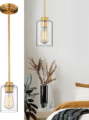 Miniatura 23 de Luces Colgantes de Latón para Isla de Cocina Paquete de 2, Luz Colgante Dorada Estilo Granja con Pantalla de Globo de Vidrio Transparente, Globo de