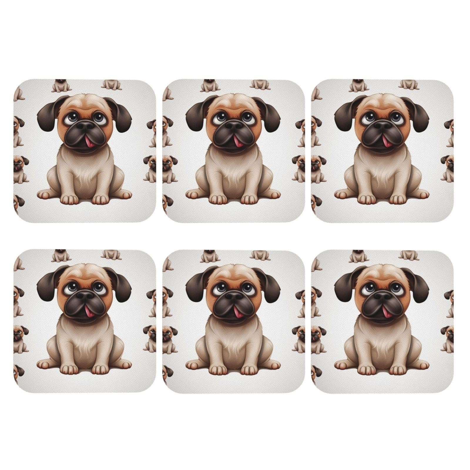 6pcs Leather Coasters for Drinks, Cartoon Pug Drink Coasters for Tabletop Protection, 4" Cup Coasters for Coffee Table Decor, Non-Slip Drinking Cup Mat for Hot Or Cold Drink