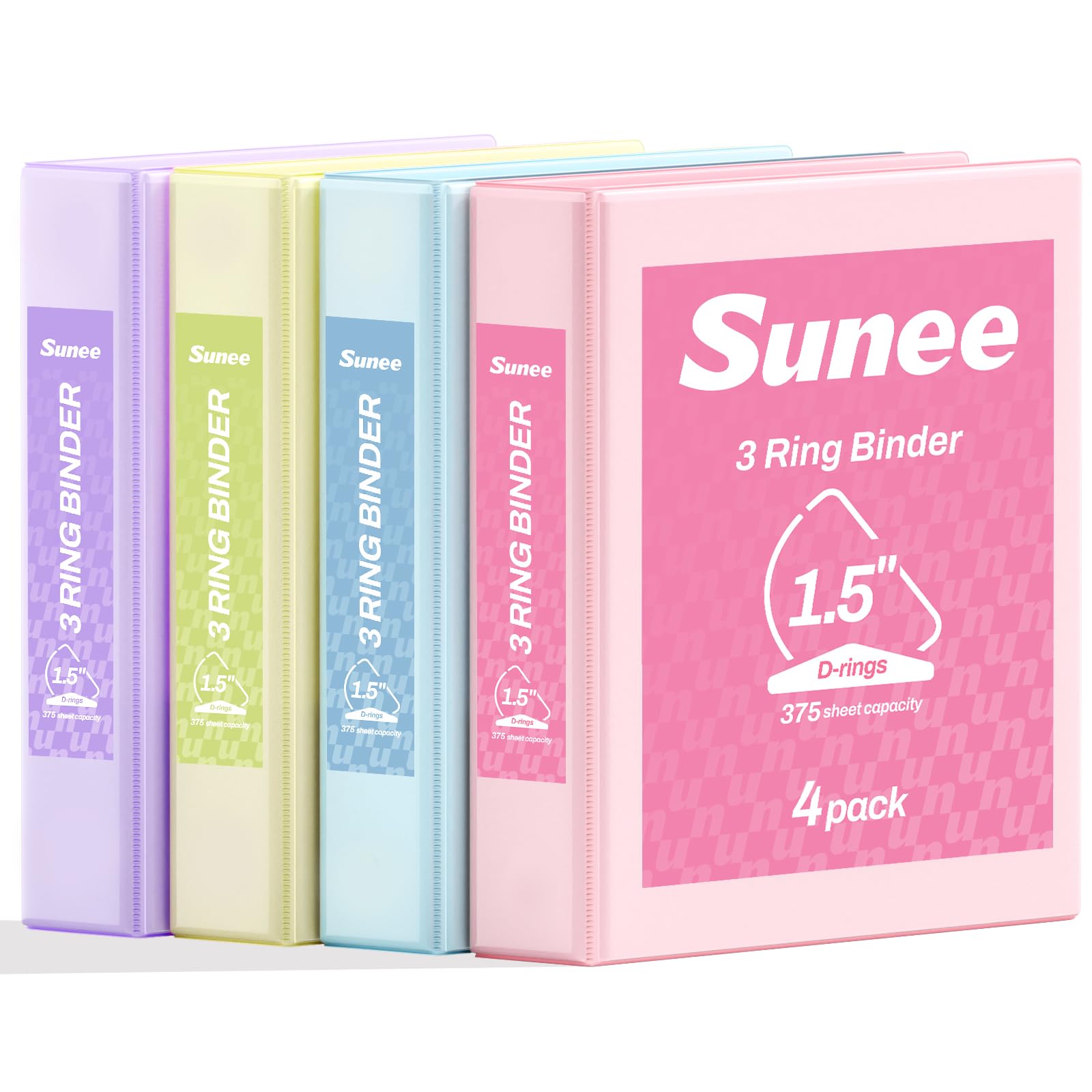 SUNEE 3-Ringbuch, Aktenordner, Ringbücher, 3,8 cm D-Ring, transparenter Ordner, 3 Ringe, PVC-frei (passend für 21,6 x 27,9 cm), für Schulordner oder Bürobedarf, sortierte Pastellbinder, 4 Stück