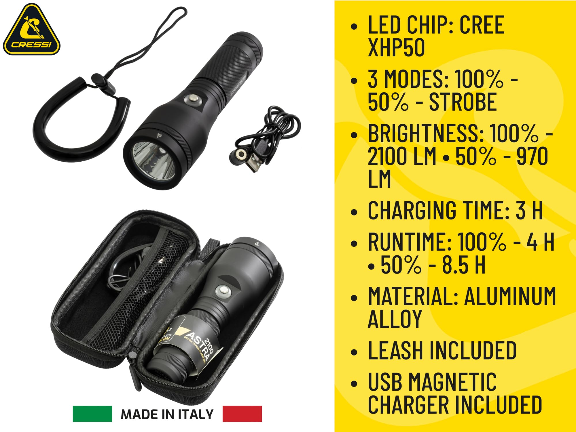 CRESSI Astra Torch Black Torcia Subacquea LED Ricaricabile IPX8 100m
