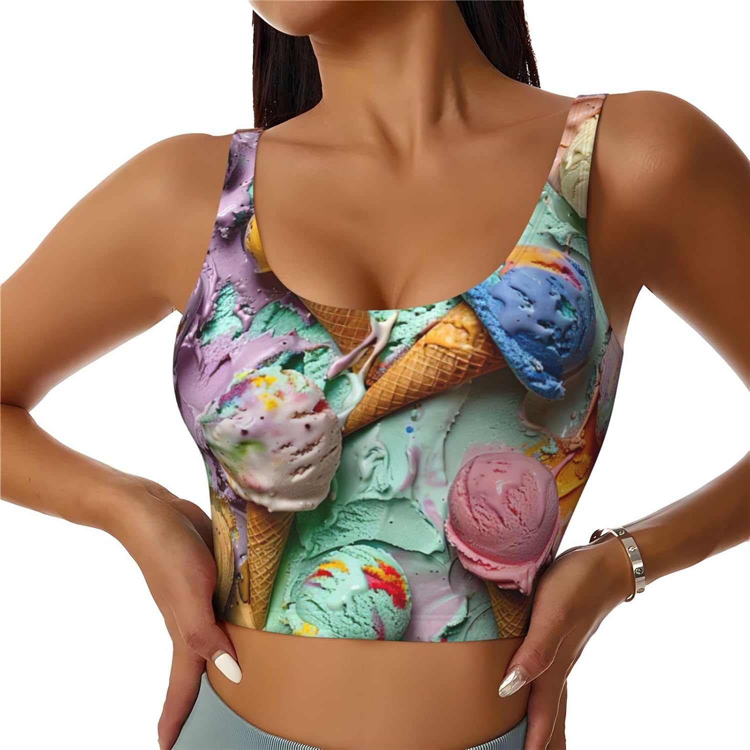 Many Colored Ice Cream Print High Impact Sports Bras,Longline Sports Bra,Perfect For Yoga,Running And Gym Workouts