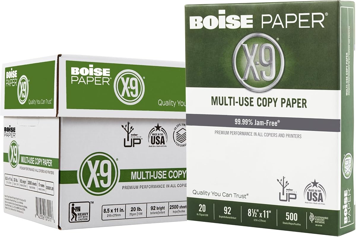 Boise X-9 Multiuse Copy Paper, Letter Size Paper, 20-Lb, Ream of 500 Sheets, Case of 5 Reams