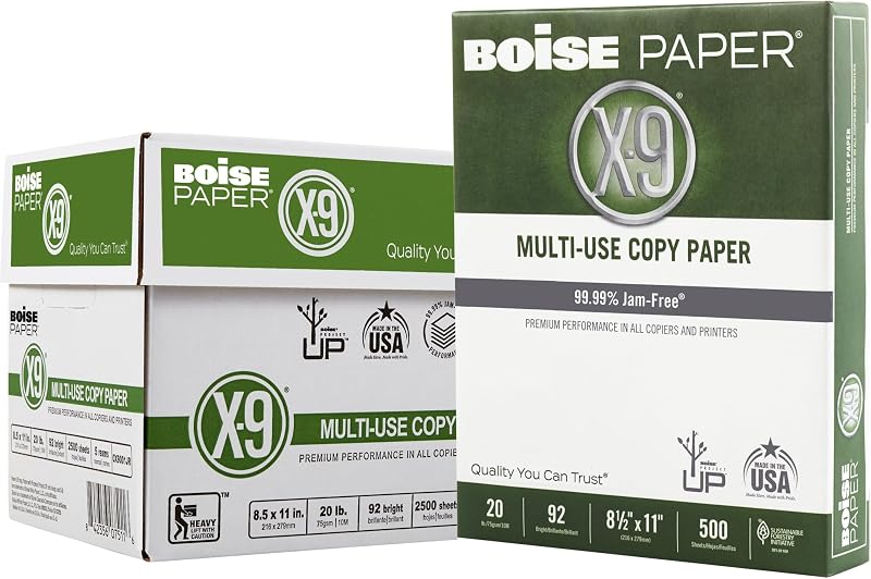 Boise X-9 Multiuse Copy Paper, Letter Size Paper, 20-Lb, Ream of 500 Sheets, Case of 5 Reams