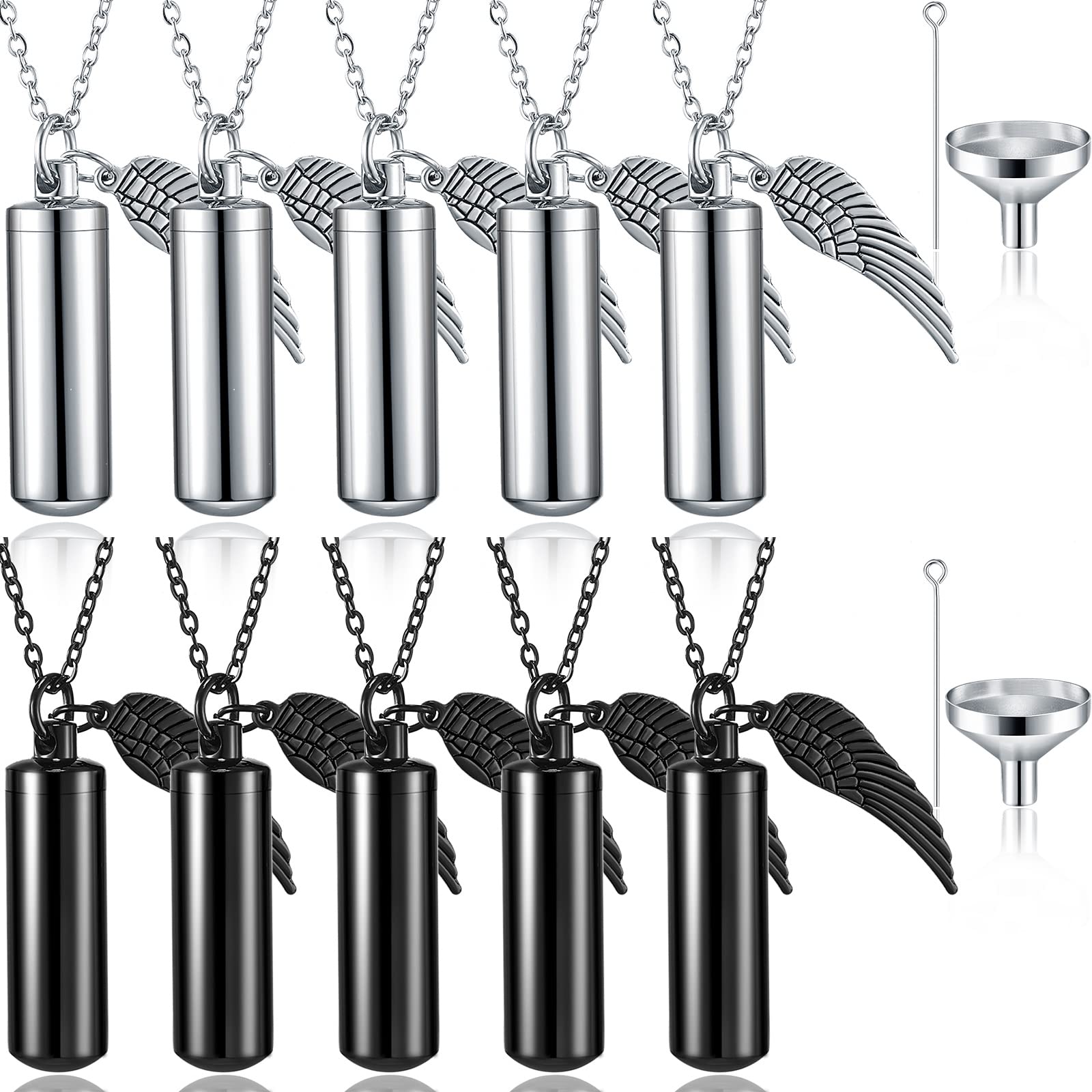 Kigeli10 Pcs Urn Necklace for Ashes Cremation Jewelry for Human Ashes Bulk for Loved One Women Men with Wing Stainless Steel Cremation Keepsake Memorial Necklace Angel Cylinder Pendant Set
