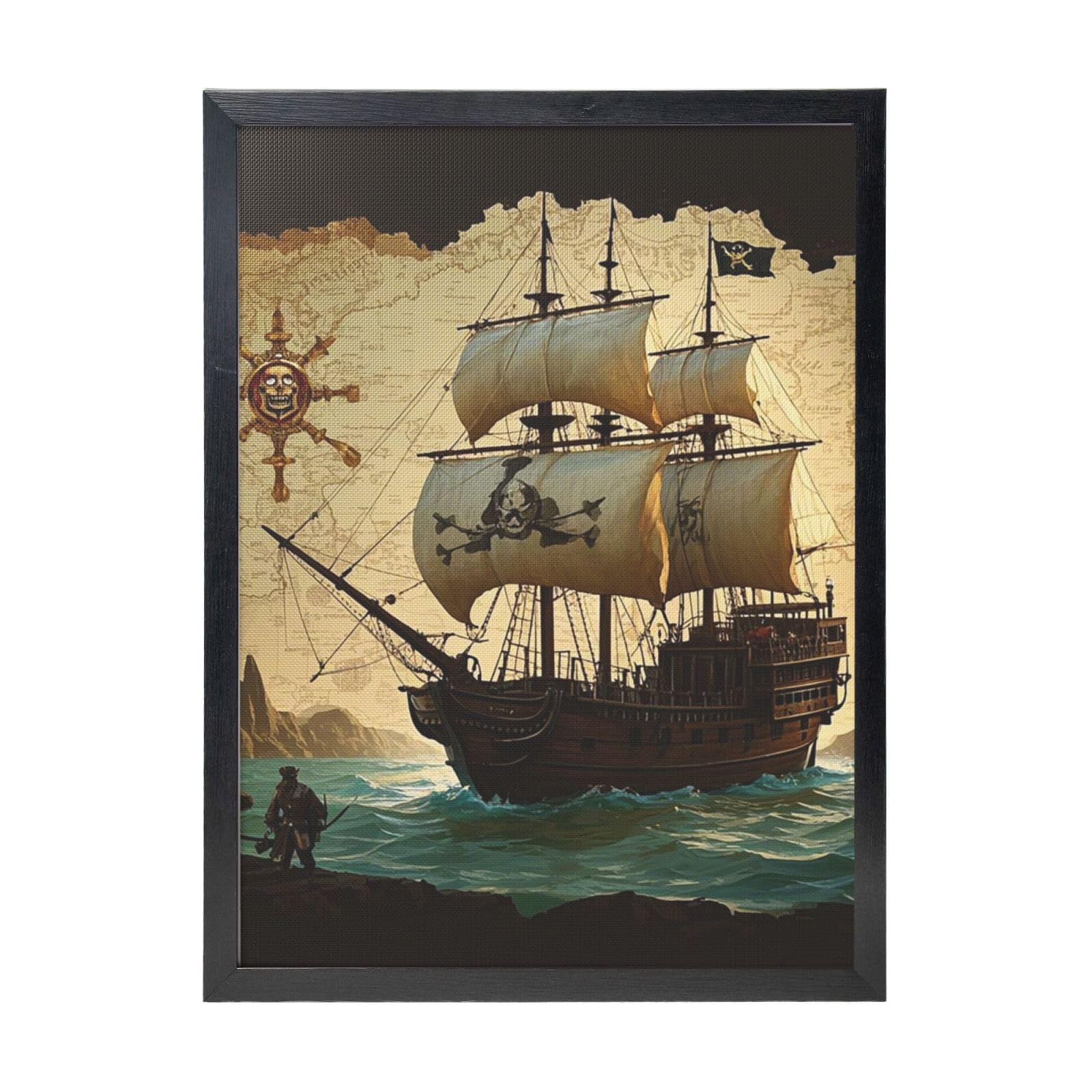 Framed Wall Art - Decorative Canvas Painting Vintage Map Pirate Ship Pictures Poster Aesthetic Modern Prints Artwork for Bedroom Office Wall Decor Ready To Hang 12x16 in