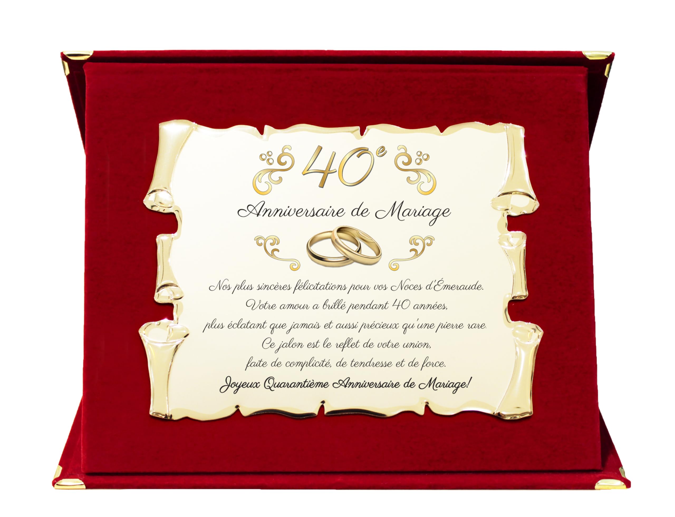 Placa de recuerdo elegante para 40º aniversario de boda | Regalo cuadragésimo | Bodas de Esmeralda | Pergamino de metal dorado decorativo con dedicatorio (rojo, 40 años)