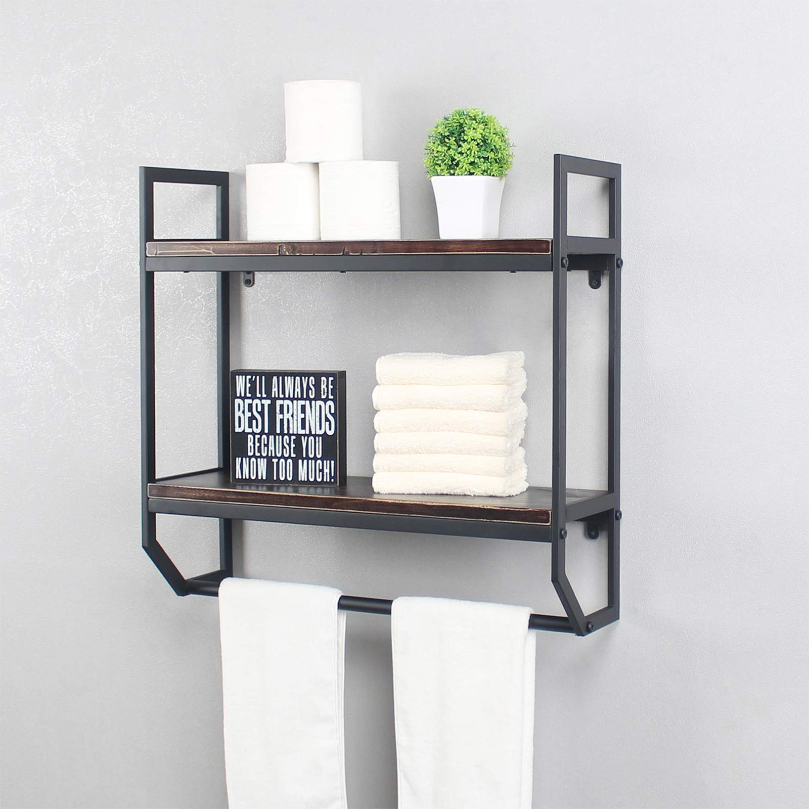 2-Tier Metal Industrial 23.6" Bathroom Shelves Wall Mounted,Rustic Wall Shelf Over Toilet,Towel Rack with Towel Bar,Utility Storage Shelf Rack, Floating Shelves Towel Holder,Retro Black 2