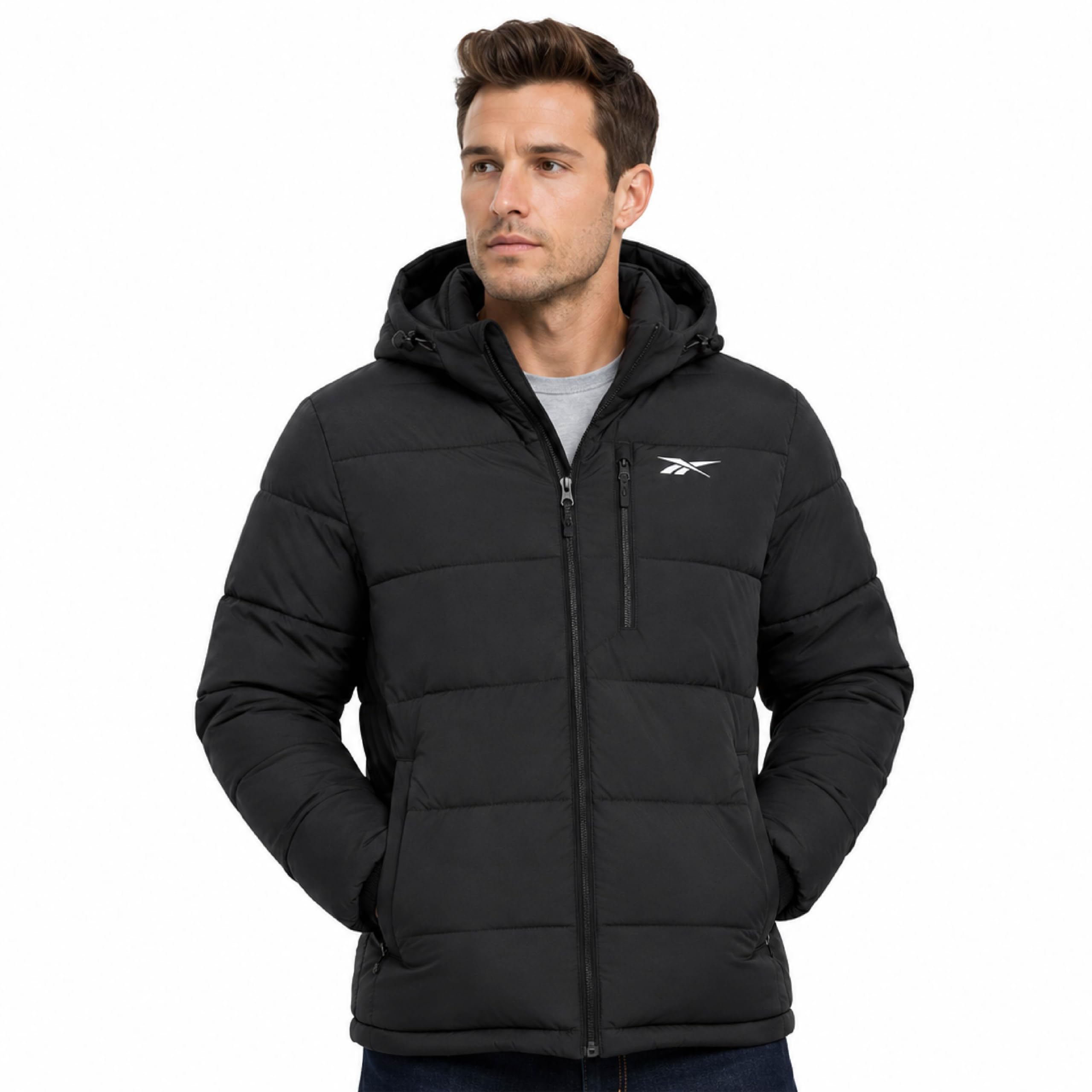 Mens Quilted Stretch Puffer Jacket - Insulated Hooded Winter Coat