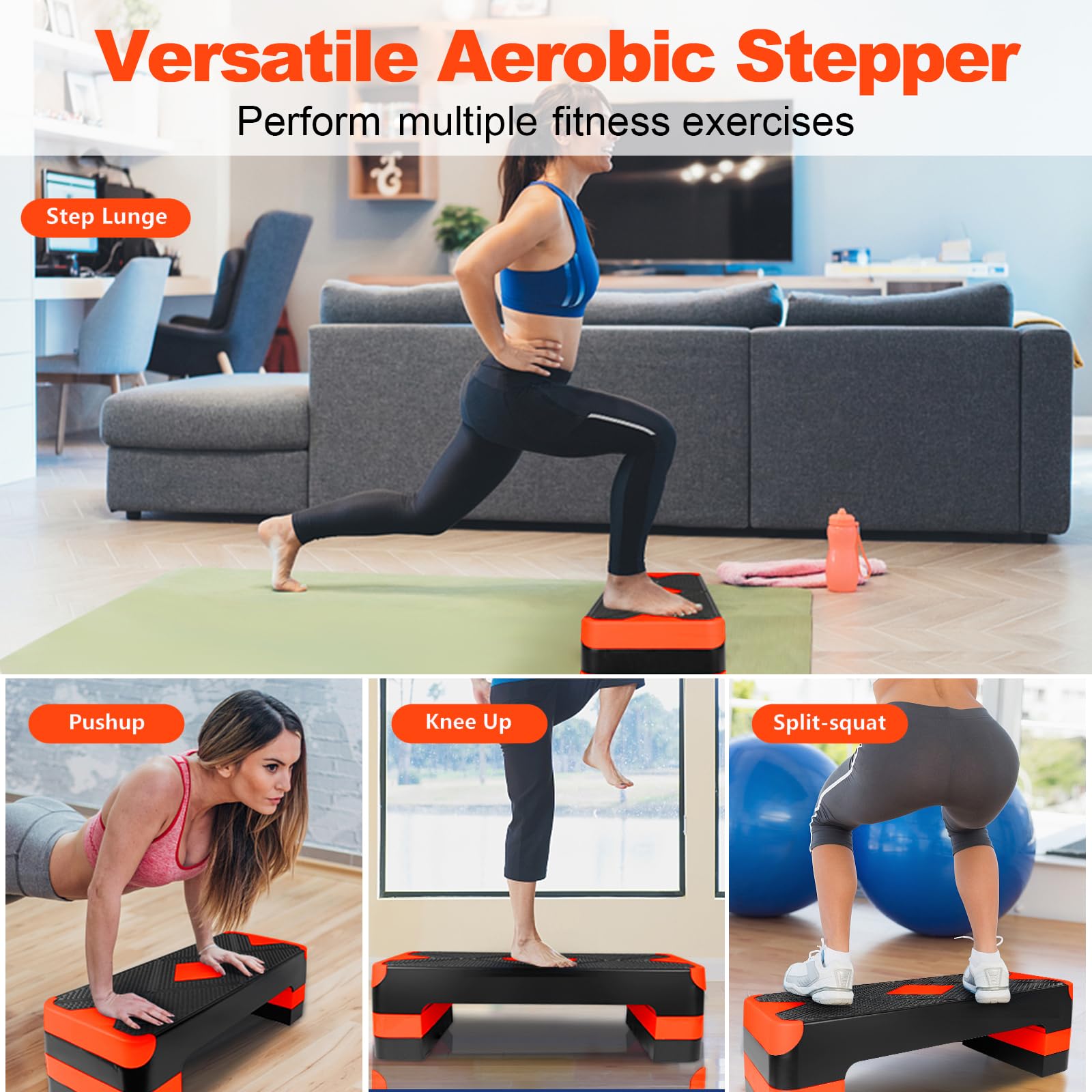 Aerobic Step Platform Orange, Höhenverstellbar, Rutschfest, Kompakt | Mehrere Höhenstufen (10/15/20cm), rutschfeste Oberfläche, klappbar & tragbar, für Heim- & Gym-Training