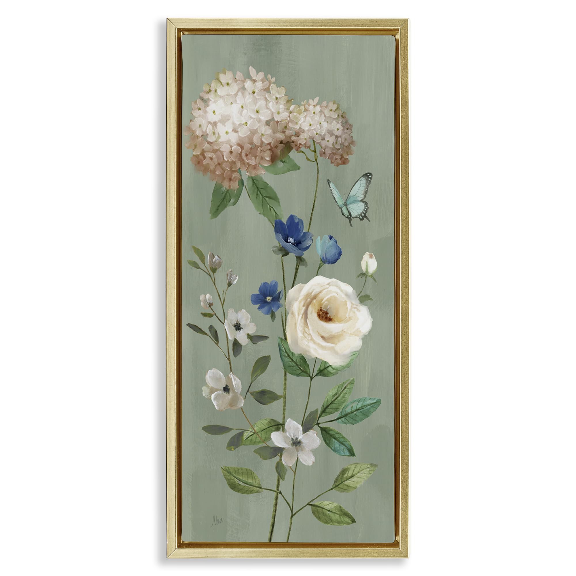 'Hydrangea & Rose with Butterfly'| Floating Frame Canvas Art