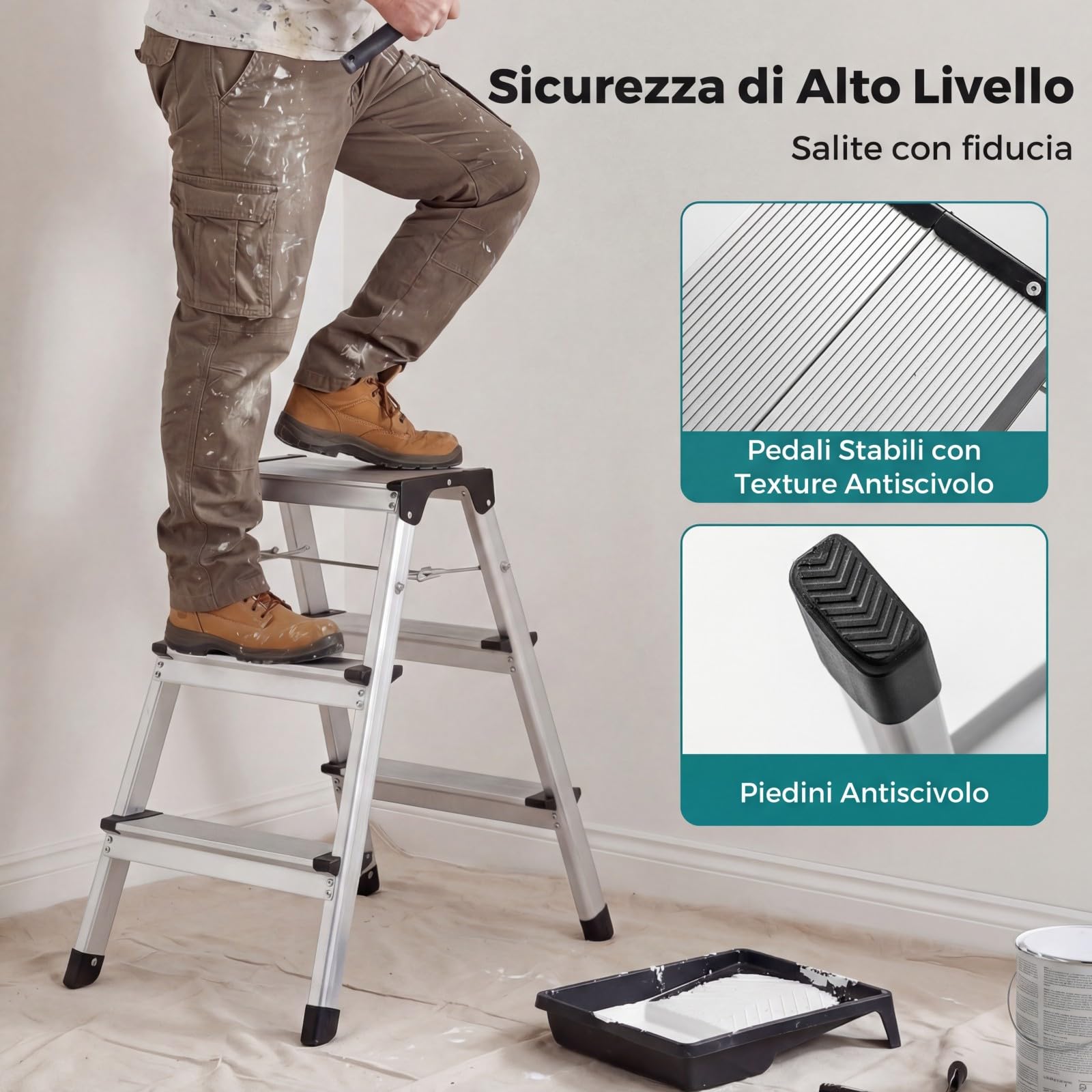 COSTWAY Scaletta Pieghevole in Alluminio, Scala a 3 Gradini Doppia con Pedane Larghe e Piedini Antiscivolo, Struttura Leggera, Portata 150 kg, per Casa, Ufficio e Garage