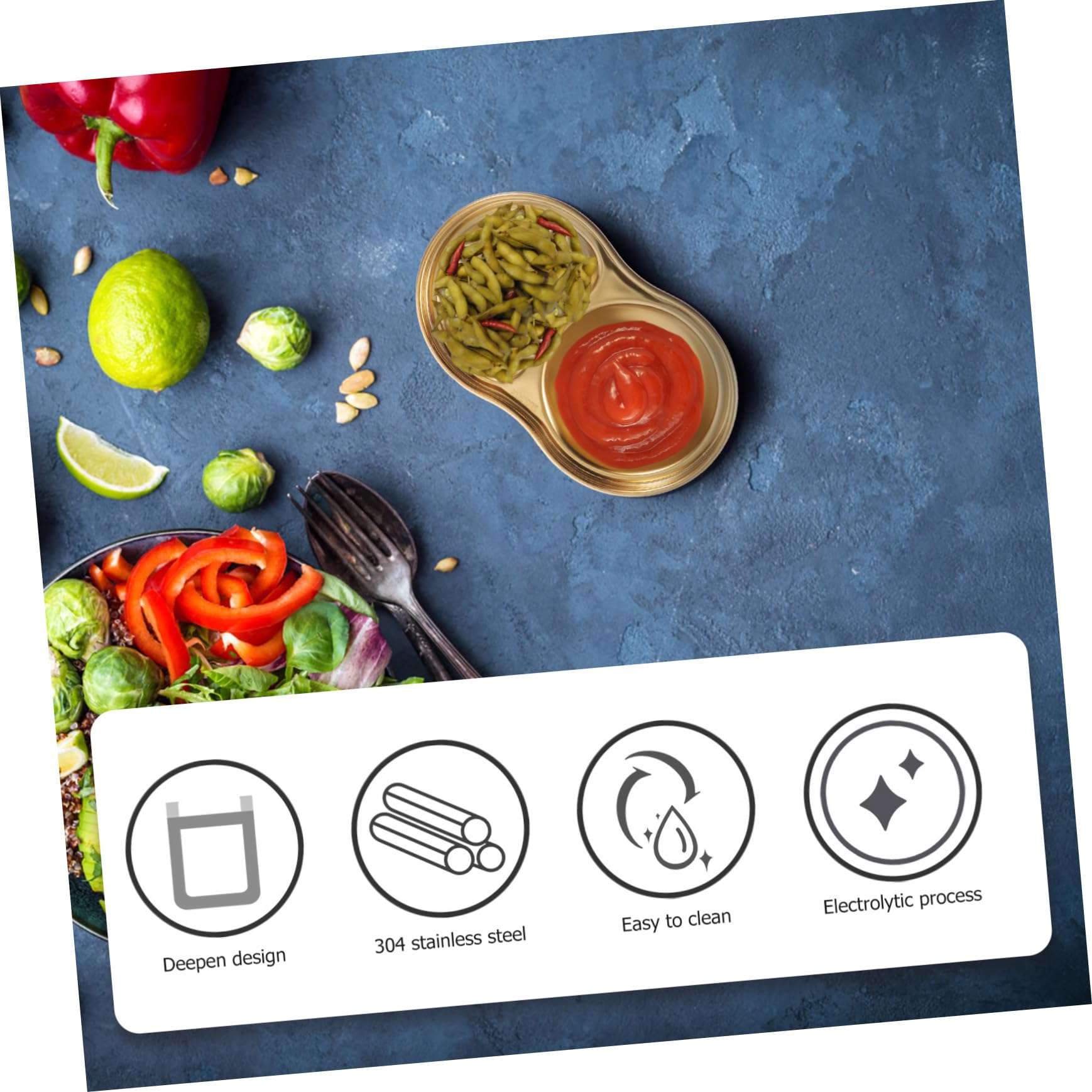 FUNOMOCYA 4pcs Barbecue Dip Plate Appetizer Trays Mini Plates Grid Saucers Double-grids Dishes Biscuit Plate Dip Dishes Mini Saucers Dishes Serving Tray Round Golden 304 Stainless Steel