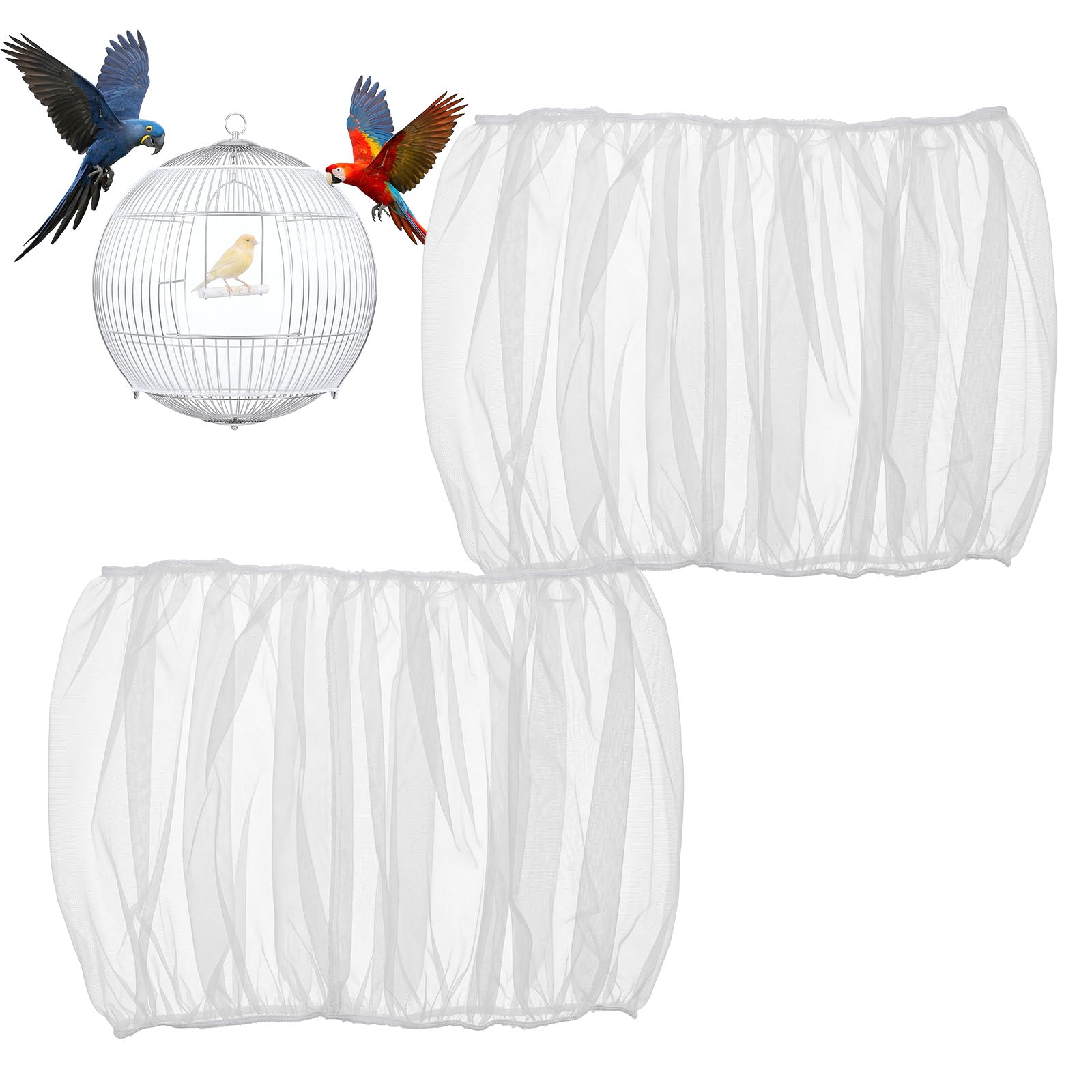 Fiyooau 2Pcs Bird Cage Seed Catcher, 73 x 13 Inch Bird Cage Cover, Adjustable White Stretchy Birds Cages Net Skirt for Round Square Parrot Parakeet Macaw African Cages