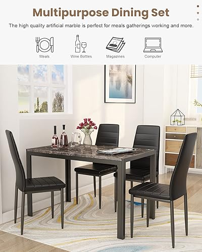 Miniatura 5 de Recaceik Furniture - Juego de comedor de imitación de 5 piezas, mesa de cocina moderna con parte superior de mármol y sillas altas para desayunar,