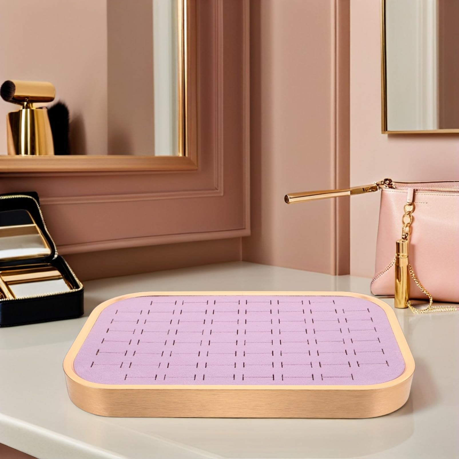 PartyKindom Organizador de Anillos Apilable de Terciopelo 60 Ranuras | Marco Rectangular de Aleación de Aluminio, Color Púrpura, Diseño Secciones para Pendientes y Colgantes
