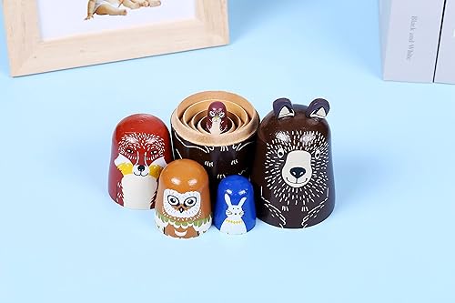 Miniatura 5 de Yoption Juego de 5 muñecas rusas Matryoshka hechas a mano de madera marrón de dibujos animados oso zorro, búho, conejo, mapache, muñecos de