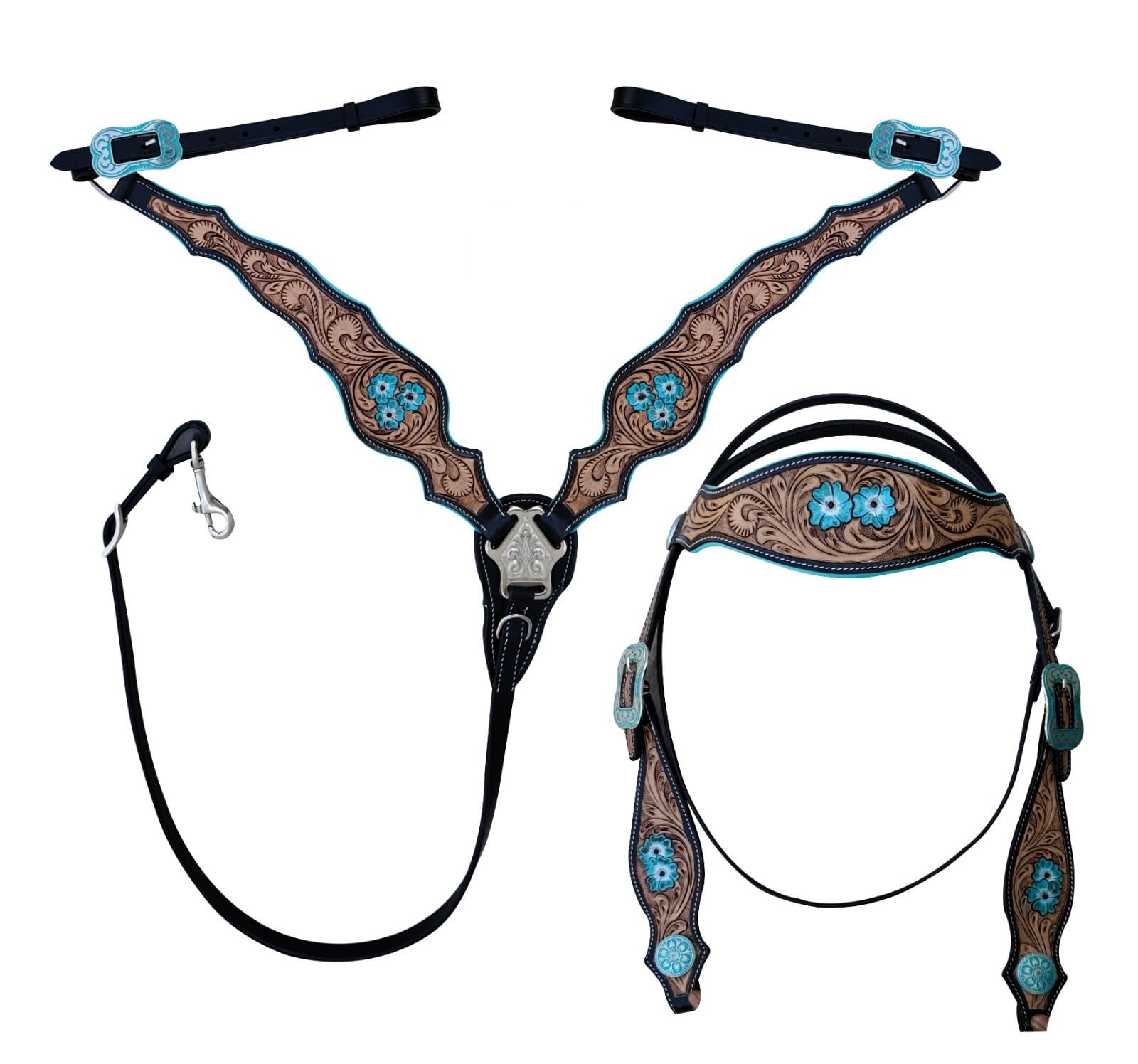 Padded Leather Browband Set Hand-Tooled Leather Horse Tack Set - Sunflower Browband Headstall & Breastcollar With Crystals Sunflower Browband Breastcollar Set - View #2