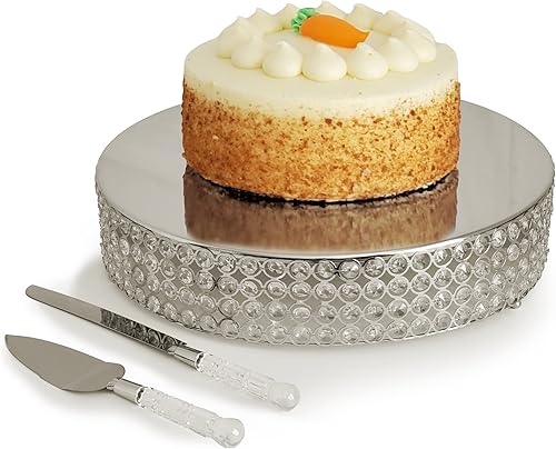 Miniatura 5 de Soporte redondo de 18 "para pasteles con cuentas de cristal con cuchillo de pastel y juego de servidor - plata