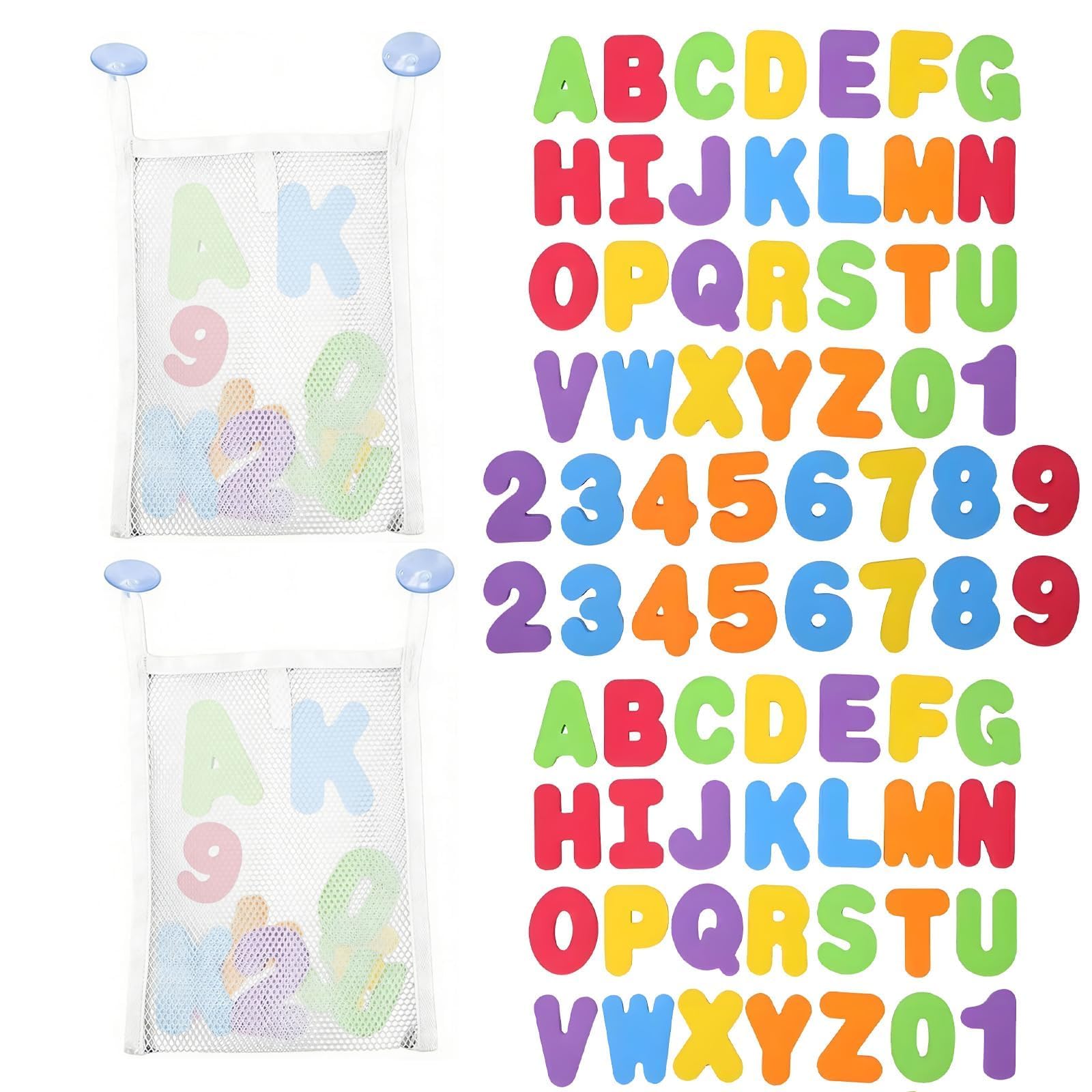 2 pcs Mesh Bag and 72 Bath Letters and Numbers, with Bath Toy Bag, Baths Foam Letters and Numbers and Foam Letter