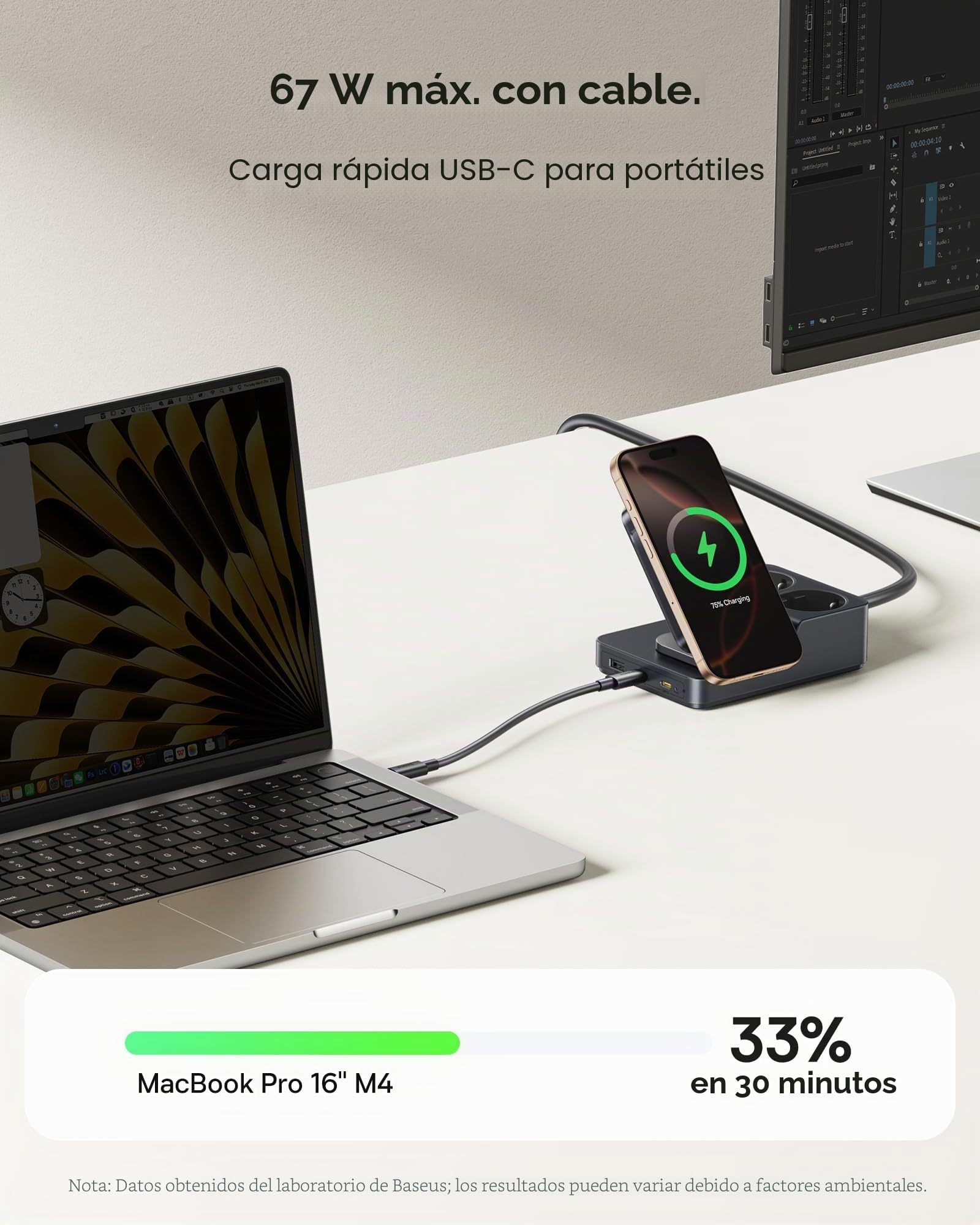Baseus Nomos 67W Regleta USB-C, Cargador con Carga inalámbrica magnética Qi2, PD portátil para MacBook, iPad, iPhone 16/15, Galaxy S25 Ultra. Ideal para casa, Oficina y Viajes. Potente y Compacto.