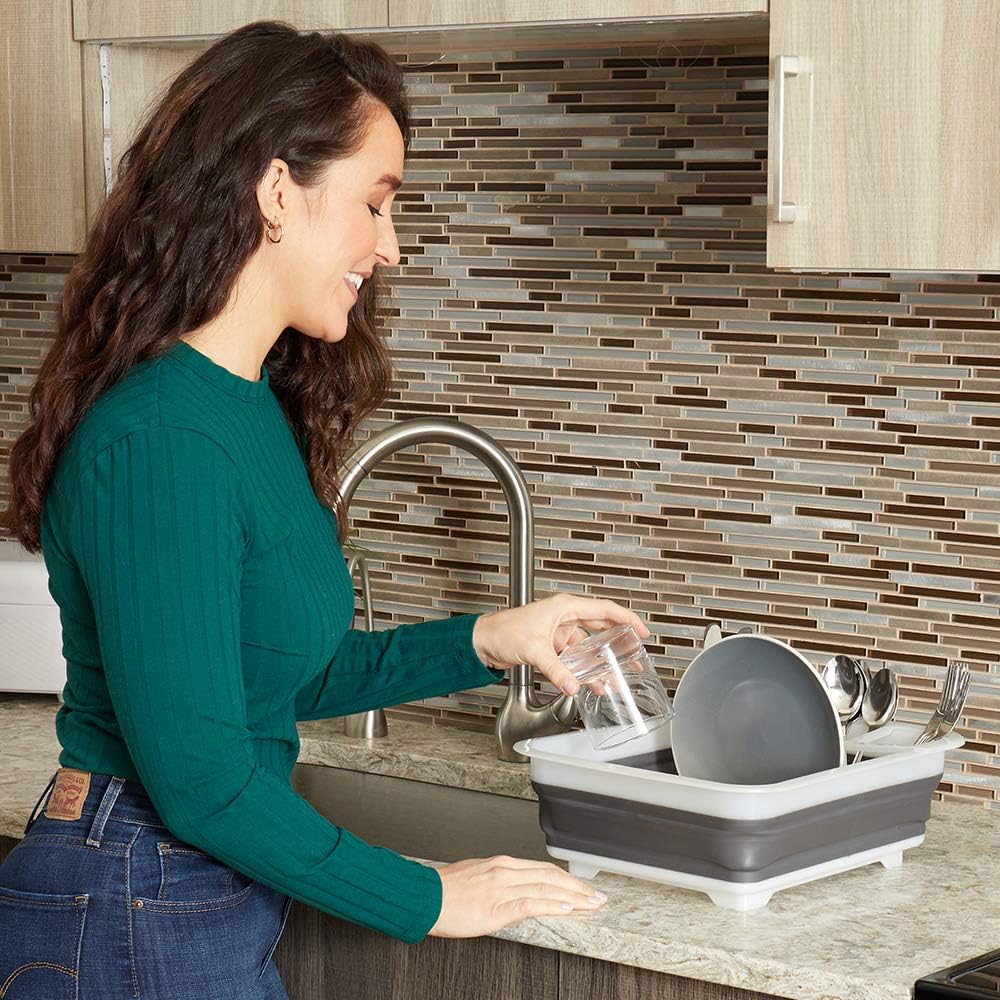 Black Friday - 70% OFF Home Basics Collapsible Silicone & Plastic Bin with Cutlery Holder Cup, Portable Washing Basin, Dishpan, Dish Tub, Ice Bucket for Indoor or Outdo, Clear