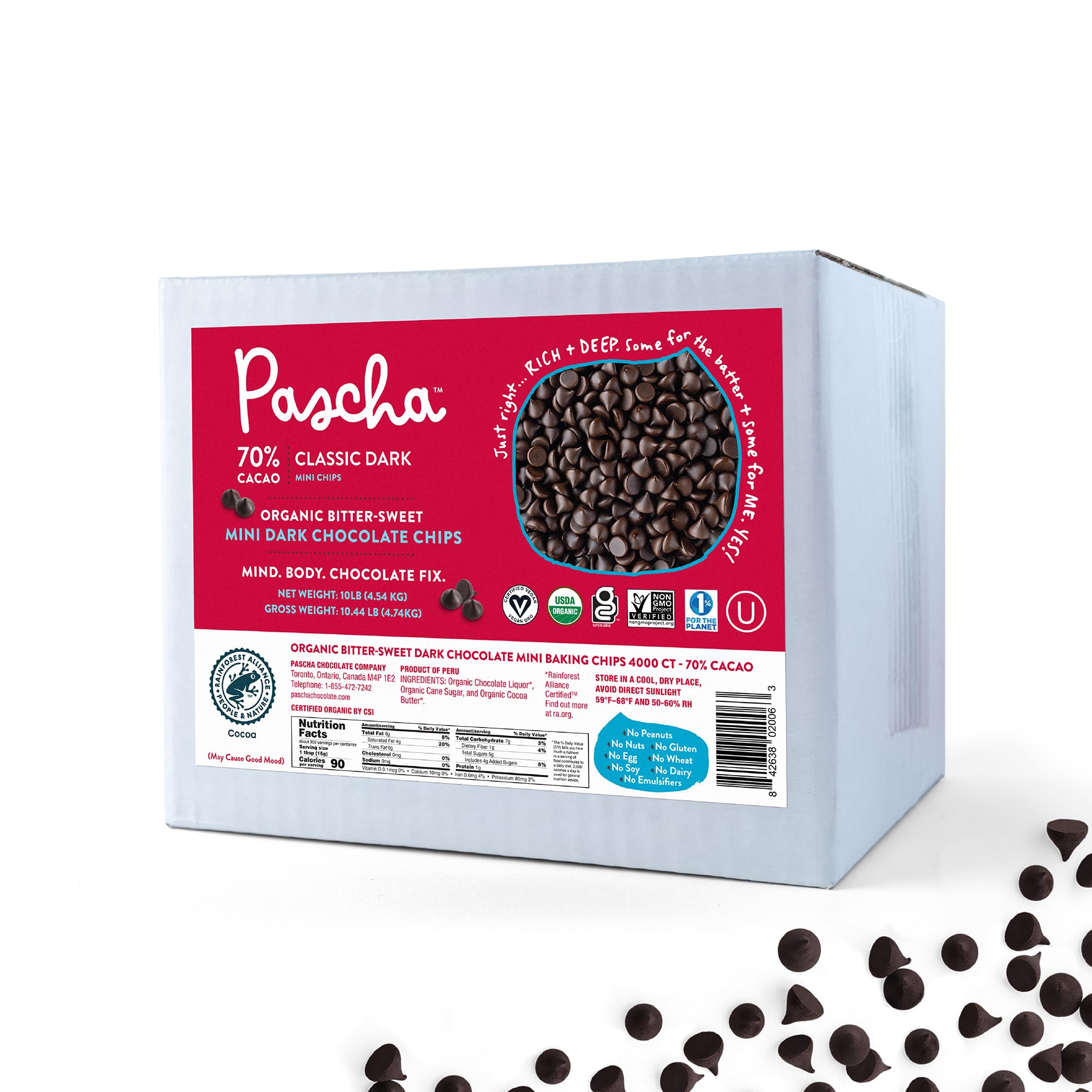 Pascha Bulk Organic Baking Mini Bitter Sweet Chocolate Chips 70% Cacao, Allergen Free, Non-GMO, Vegan, & Fair Trade, 10 Pounds