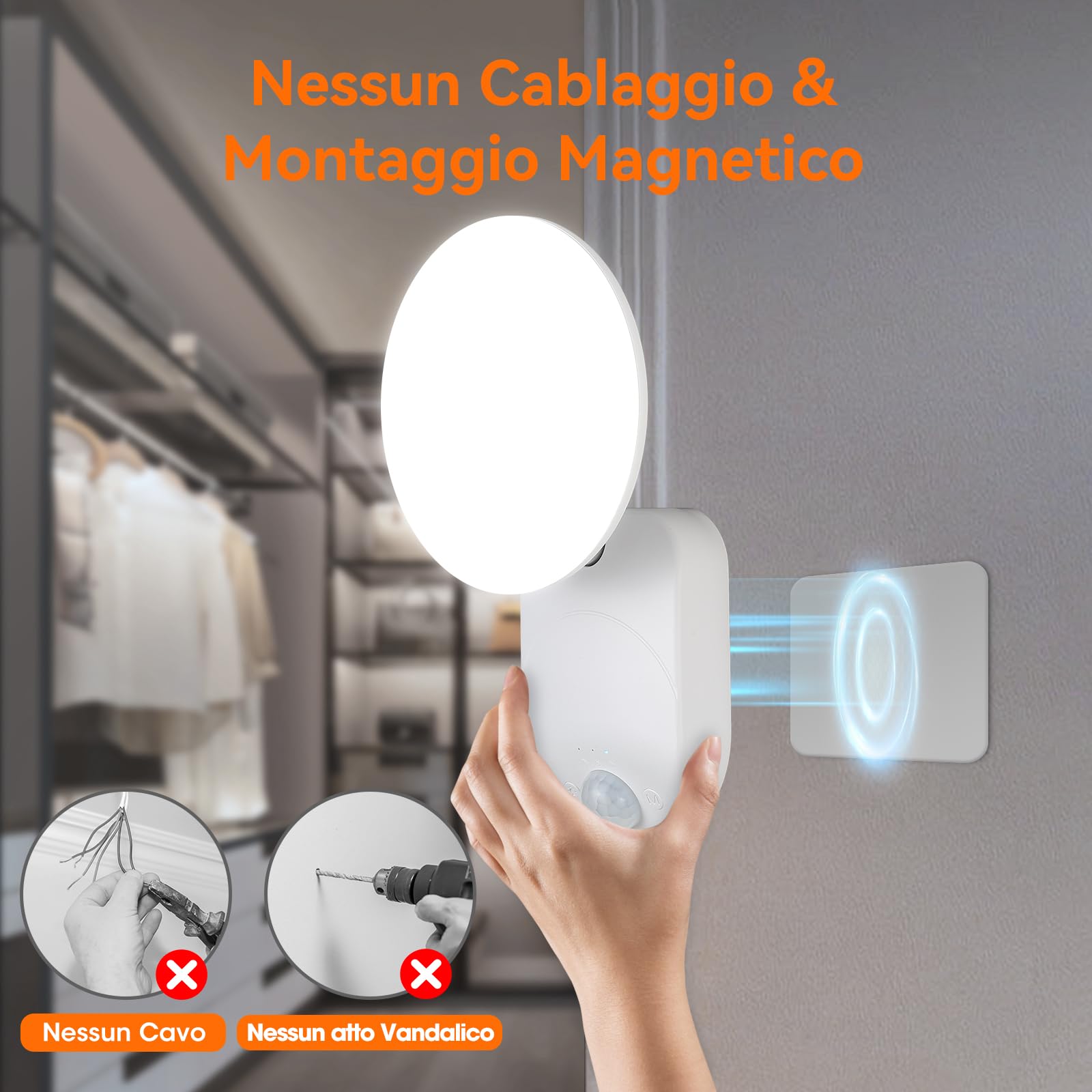 Luce LED Sensore Movimento USB Ricaricabile 3000K 4500K 6000K, Lampada da muro Senza Corrente con 5000mAh Batteria, Luci Sensore Interno con Telecomando per Garage Cantina Corridoio Cameretta Bagno