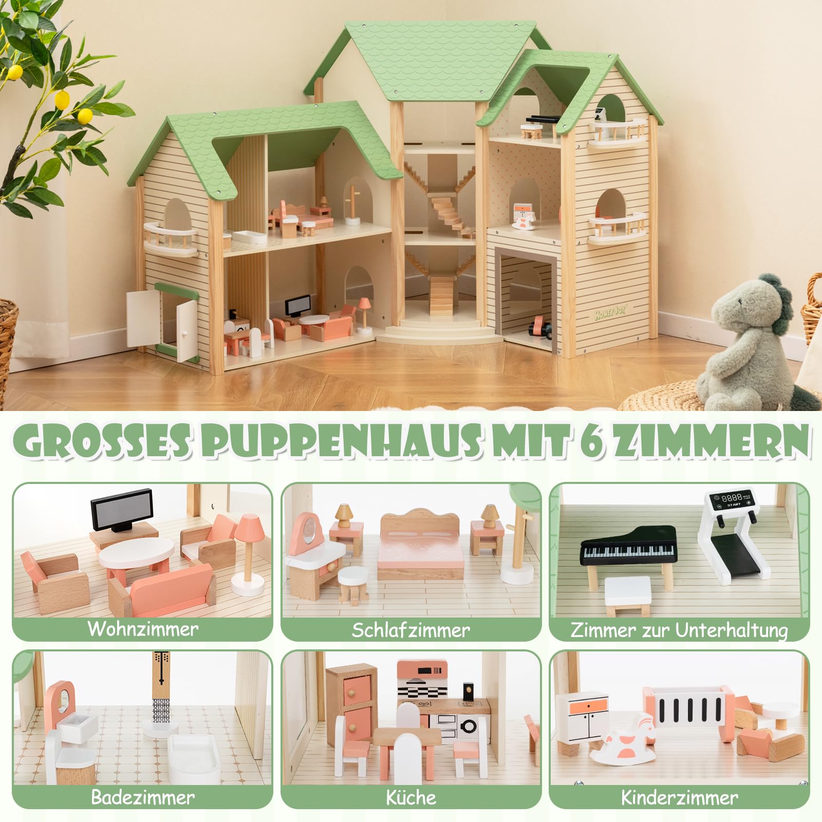 GOPLUS Puppenhaus aus Holz, Dollhouse mit 36-teiligem Zubehör, Traumhaus mit 6 Zimmern, eingebauten Treppen & Balkonen & Garage mit 2 Spielzeugautos für Mädchen ab 3 Jahren (Model 1)