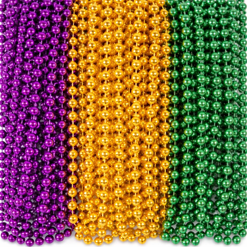 Oojami 144 Pcs Bulk Mardi Gras Beads – 33" Round 7mm Metallic Necklaces – Gold, Green & Purple Party Favors for Parade Throws, Carnival & Masquerade