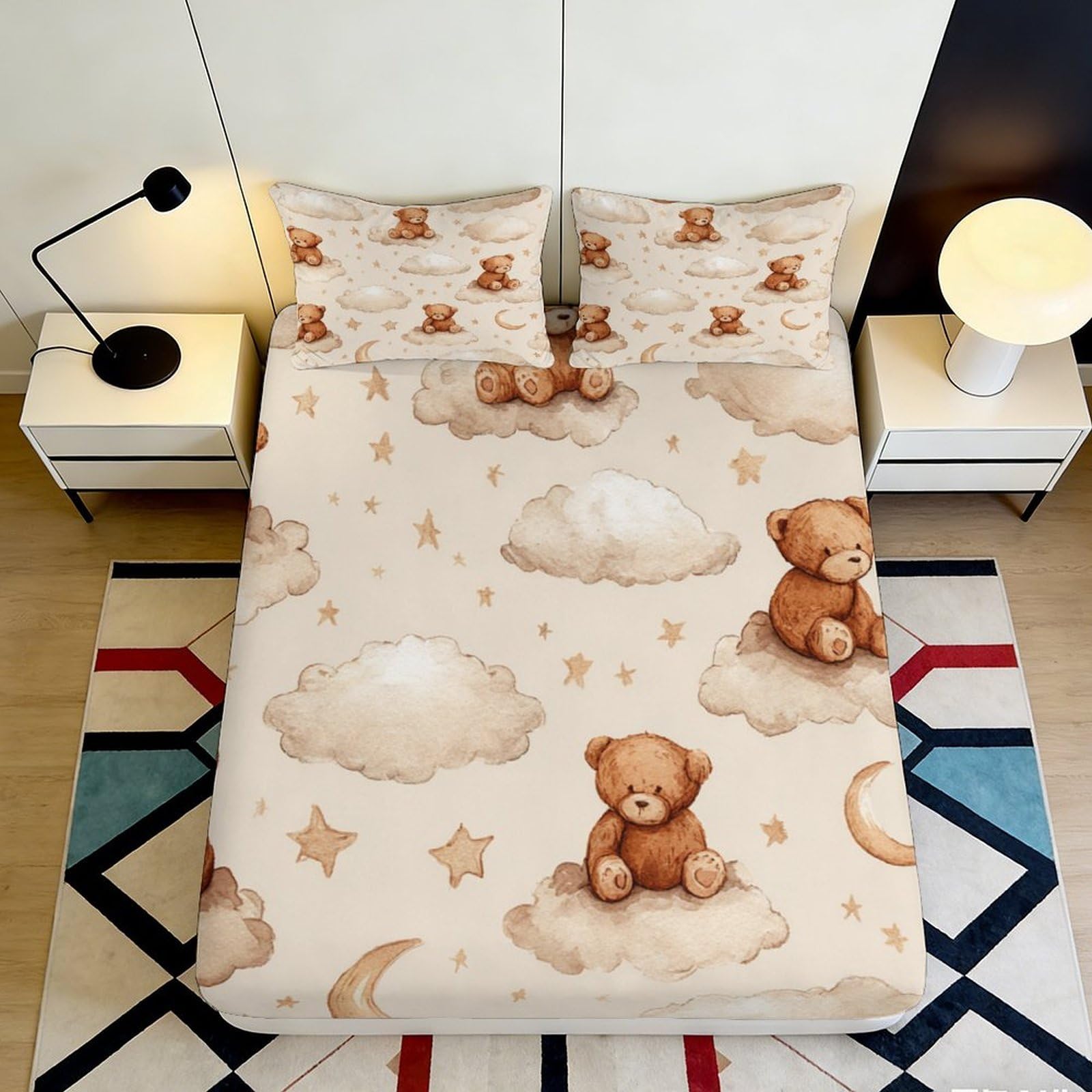3D Printed Teddy Bear Clouds Fitted Sheet Microfiber Soft Breathable Star Moon Bed Cover for Bedroom Dormitory Guest Room Mattress Protection Decor 180x200x25cm