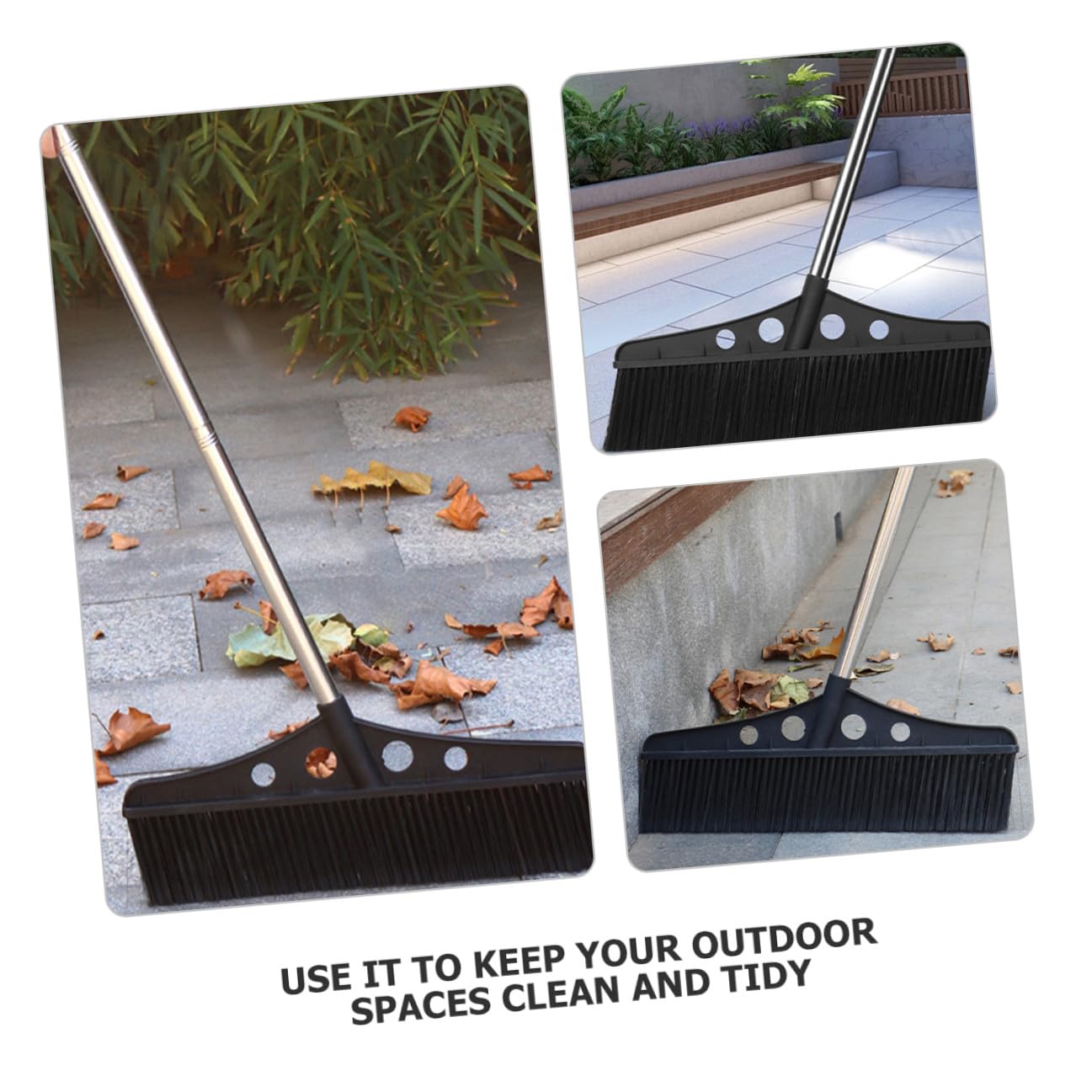 Escoba Ancha Negra con Cabeza de Acero Inoxidable y Nylon para Exteriores Desmontable Mango Largo Ergonómico, Adecuado para Limpieza de Jardines, Patios y Superficies de Concreto