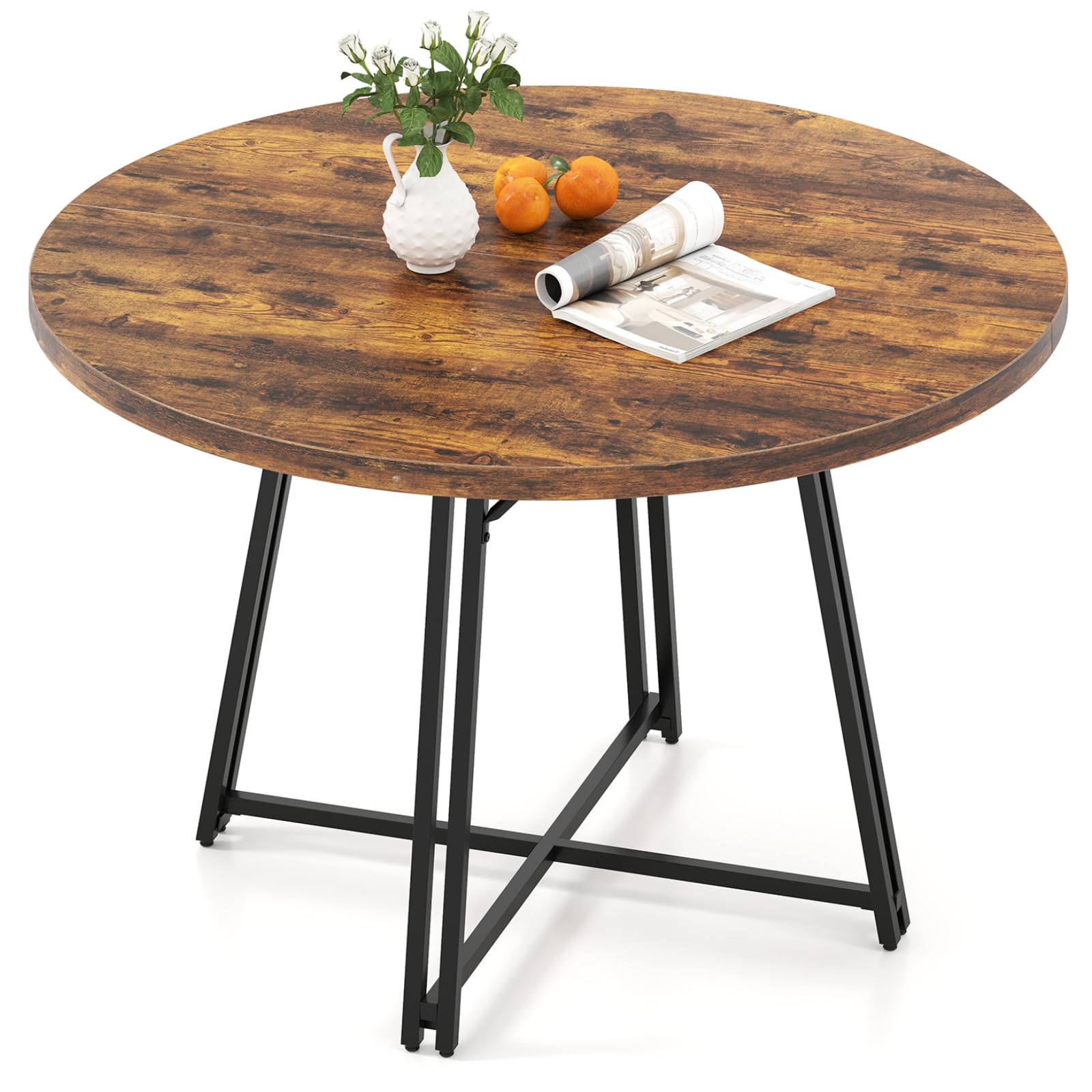 COSTWAY 118cm Dining Table for 4-6 People, Round Wooden Kitchen Tables with 8 Metal Supporting Legs, Cross Base & Adjustable Foot Pads, Circle Dinner Table for Home Dining Room (Rustic Brown + Black) — image 1
