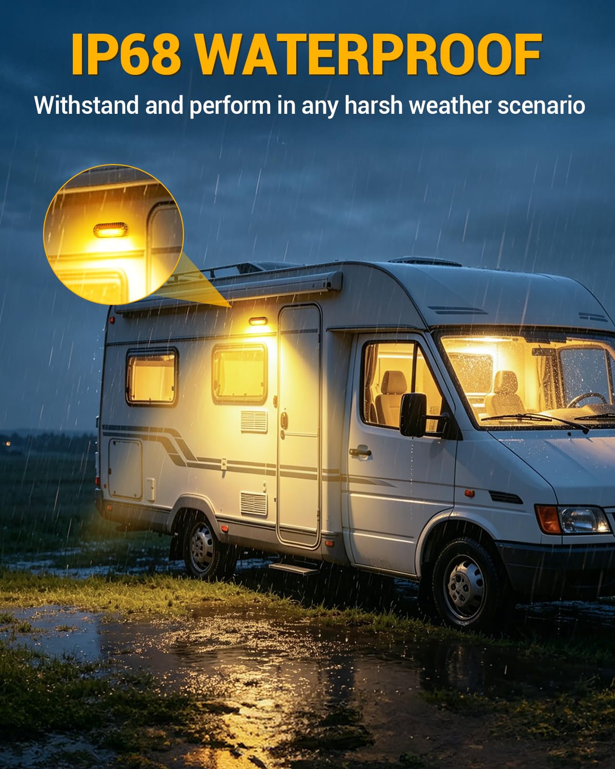 Eclairage Exterieur Camping Car Lampe LED Camping Car 12V Lampe pour Auvent Caravane Lumière 6500K Blanc et 3000K Jaune 800LM IP68 pour RV Van Bateau Camion 2 Pièces