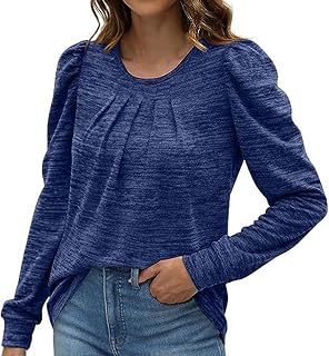 IKFIVQD Women's Long Sleeve Solid Color Round Neck Puff Sleeve Tunic T Shirt Top Women's Long Sleeved Tops Casual T-Shirt