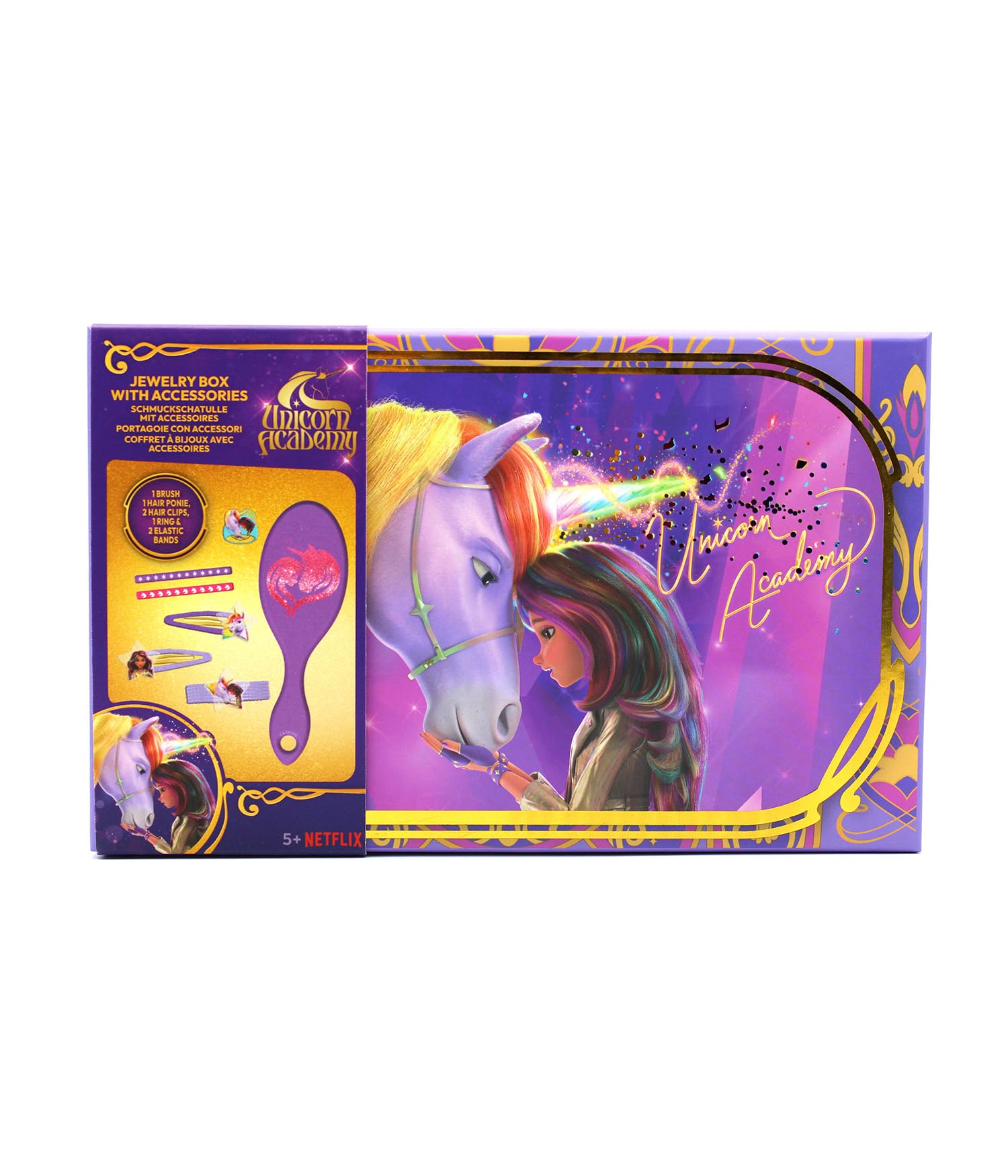 Joy Toy - Unicorn Academy Schmuckschatulle mit Accessoires: 2 Haarspangen, 1 Ring, 1 Zöpfchenhalter, 2 Elastikbänder, 1 Haarbürste für Kinder