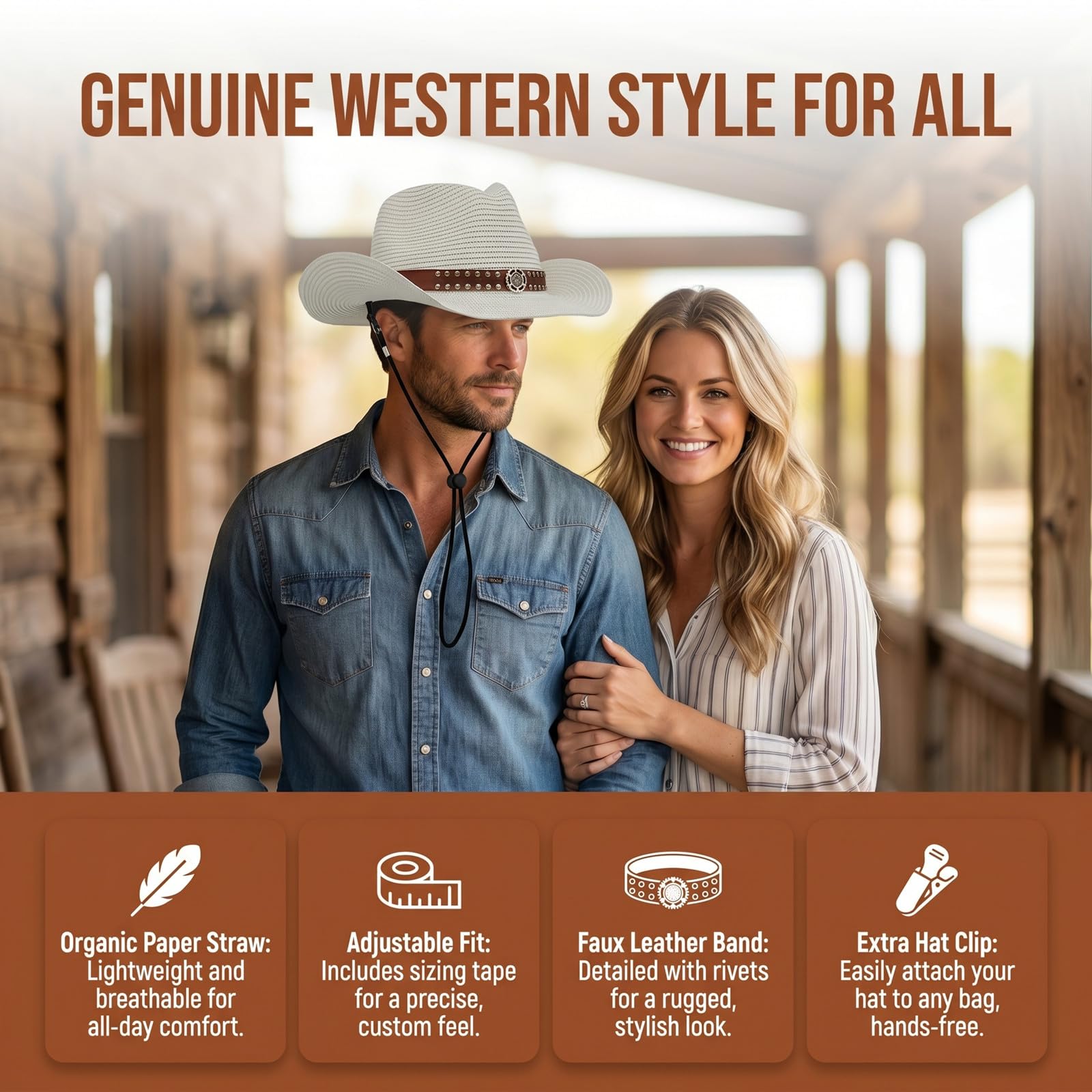 HEYANN Cappello da cowboy in paglia per uomo e donna, pieghevole, a tesa larga, estivo, con sottogola antivento, cappello da cowgirl regolabile, traspirante, protezione UV, spiaggia, giardino