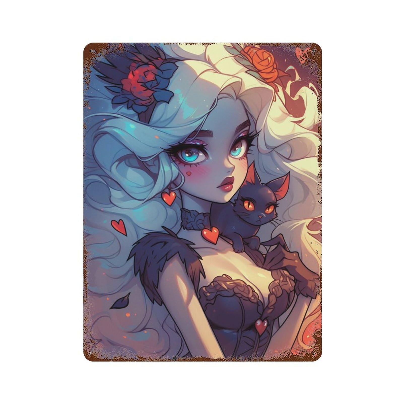 Fantasy Woman with Cat 15.7"x11.8" Distressed Metal Wall Sign, Shabby Chic Decor for Shed, Workshop And Garage Wall Decor