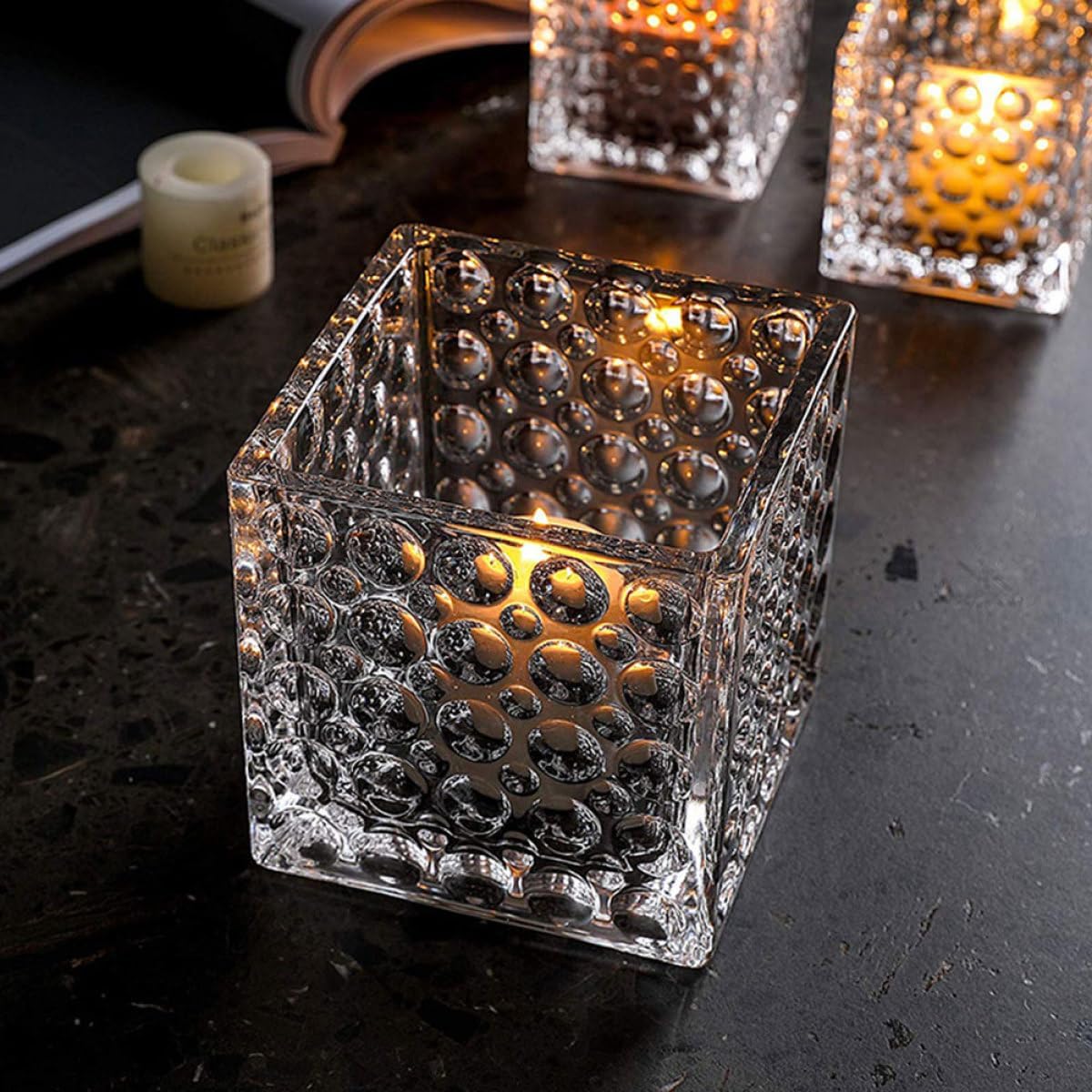 2pcs Square Glass Candle Holder Set, Multipurpose Hydroponic Vase for Desktop Decor, Mini Floral Planter Container for Home and Office Use