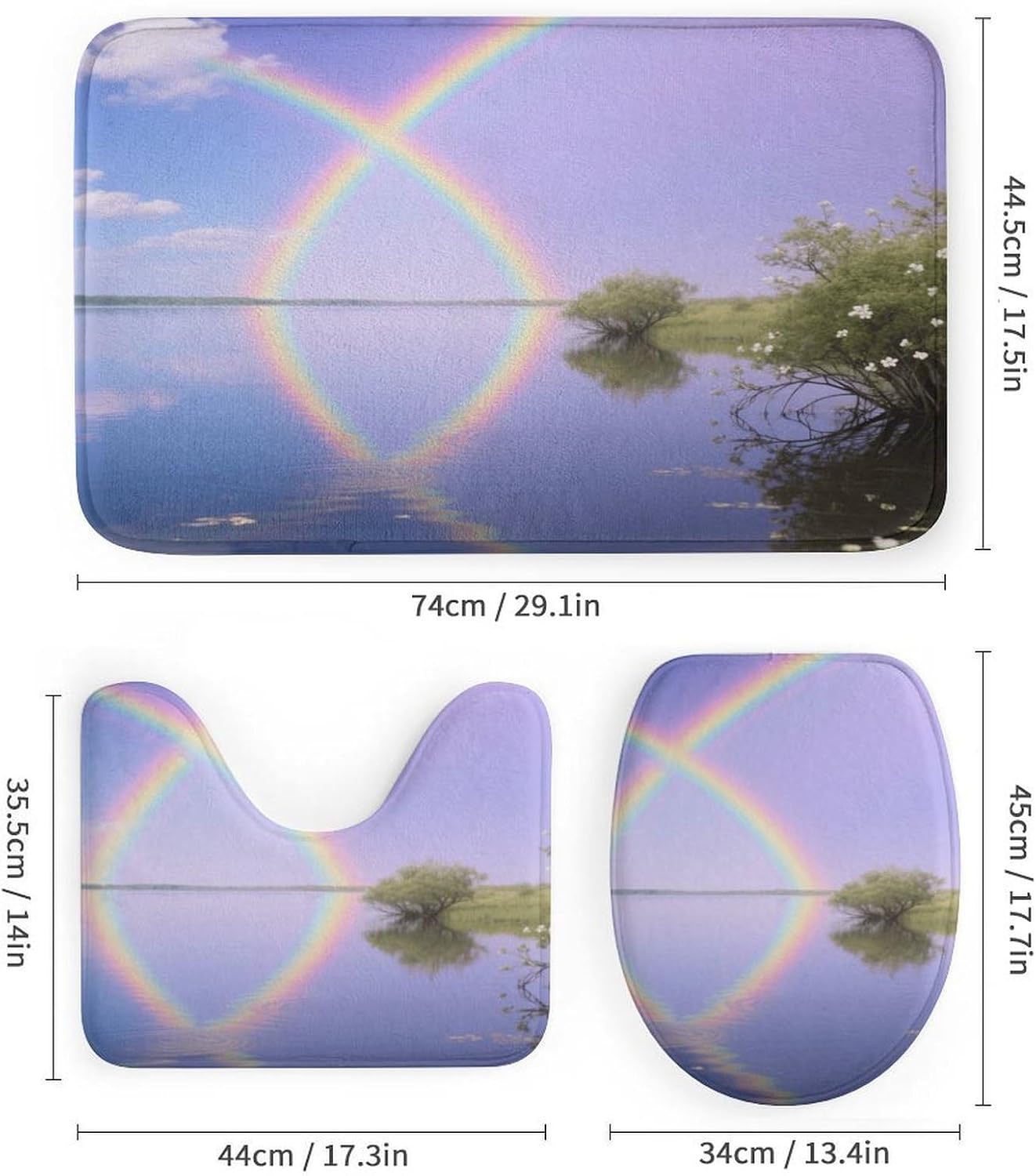 Double Rainbow on Lake Bath Rug Set 4 Piece,Bathroom Accessories Set-Toilet Rugs U Shaped,Toilet Lid Cover,Shower Curtain and Rugs,Ultra Soft, Absorbent,Home Decor