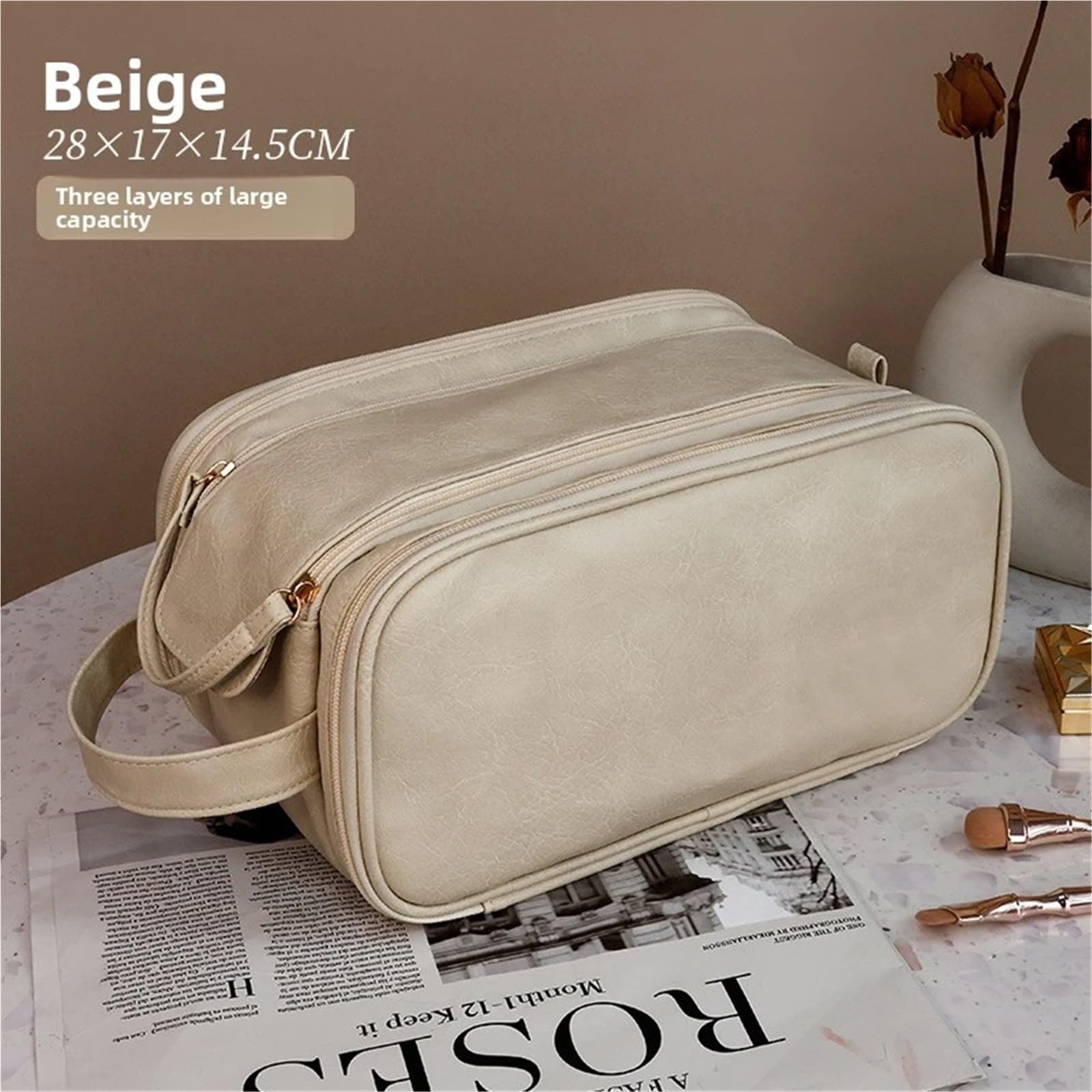Bolsa de Maquillaje con Doble Cremallera, Gran Capacidad, portátil for Viajes Negocios, brocha, Bolsa Aseo, 1 Uds para Viajar(Black)