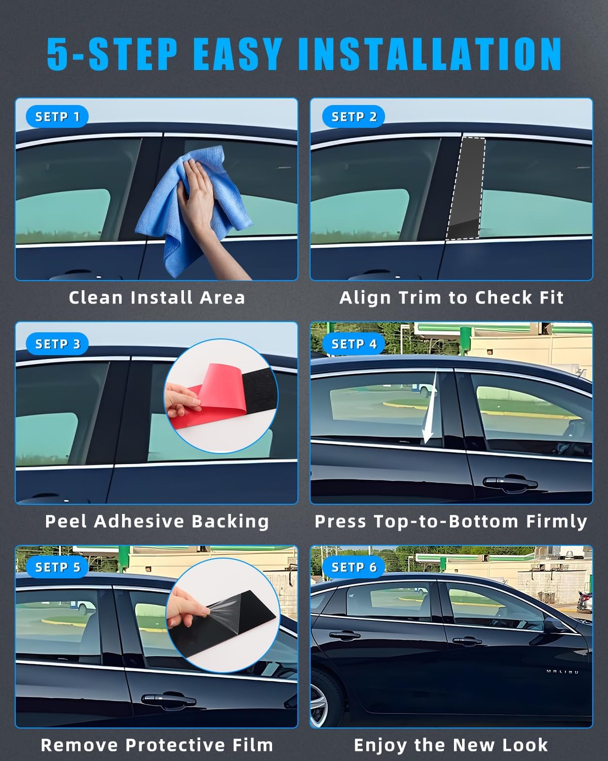 Door Window Trim for Chevro-let Malibu 2016-2023, Glossy Black Window Pillar Post Trim Kit, Strong Toughness PC Material Car Center Protect Sticker, 6 PCS