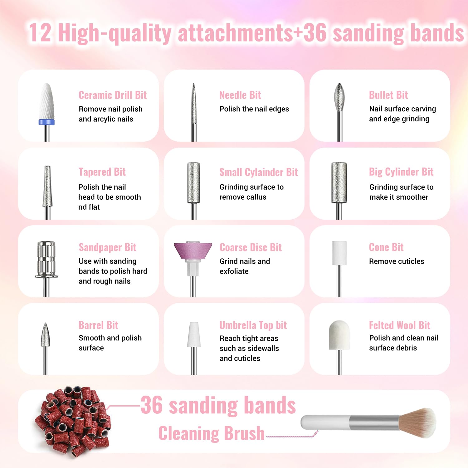 Nagelfräser Kabellos 35000 U/Min, Elektrische Nagelfeile 12 in 1 Fräser Nägel Professionell Nail Drill, Nagelfräser für Gelnägel, für Semi Permanent und Acrylnägel, Maniküre Pediküre Rosa