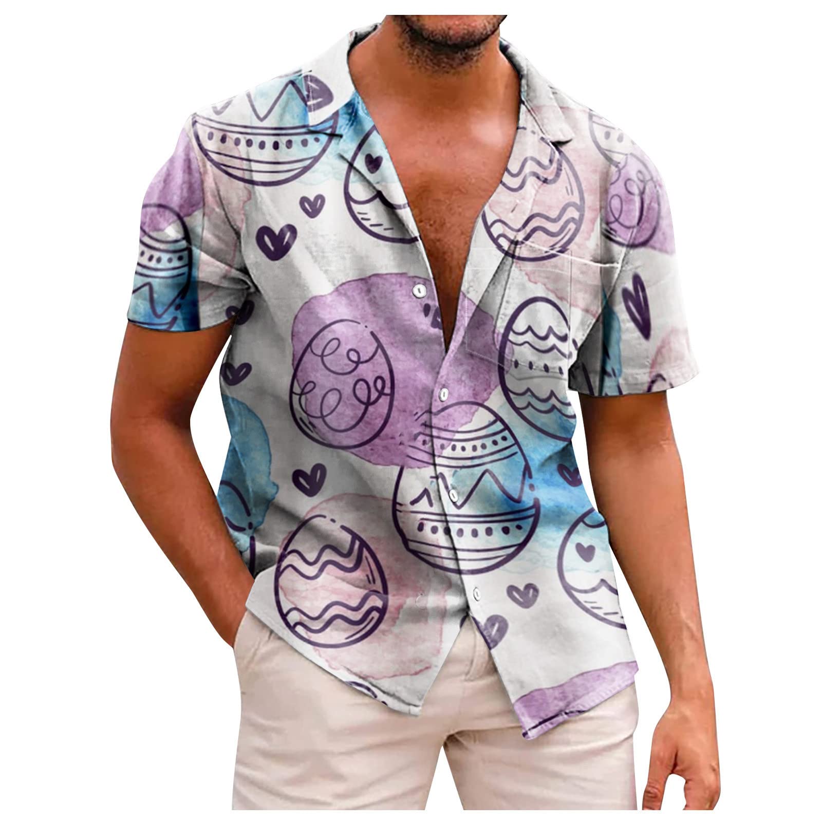 Mens Stretchy Easter Printed Pollover 2023 Summer Button Down V Neck T Shirt Comfortable Short Sleeve Blouses