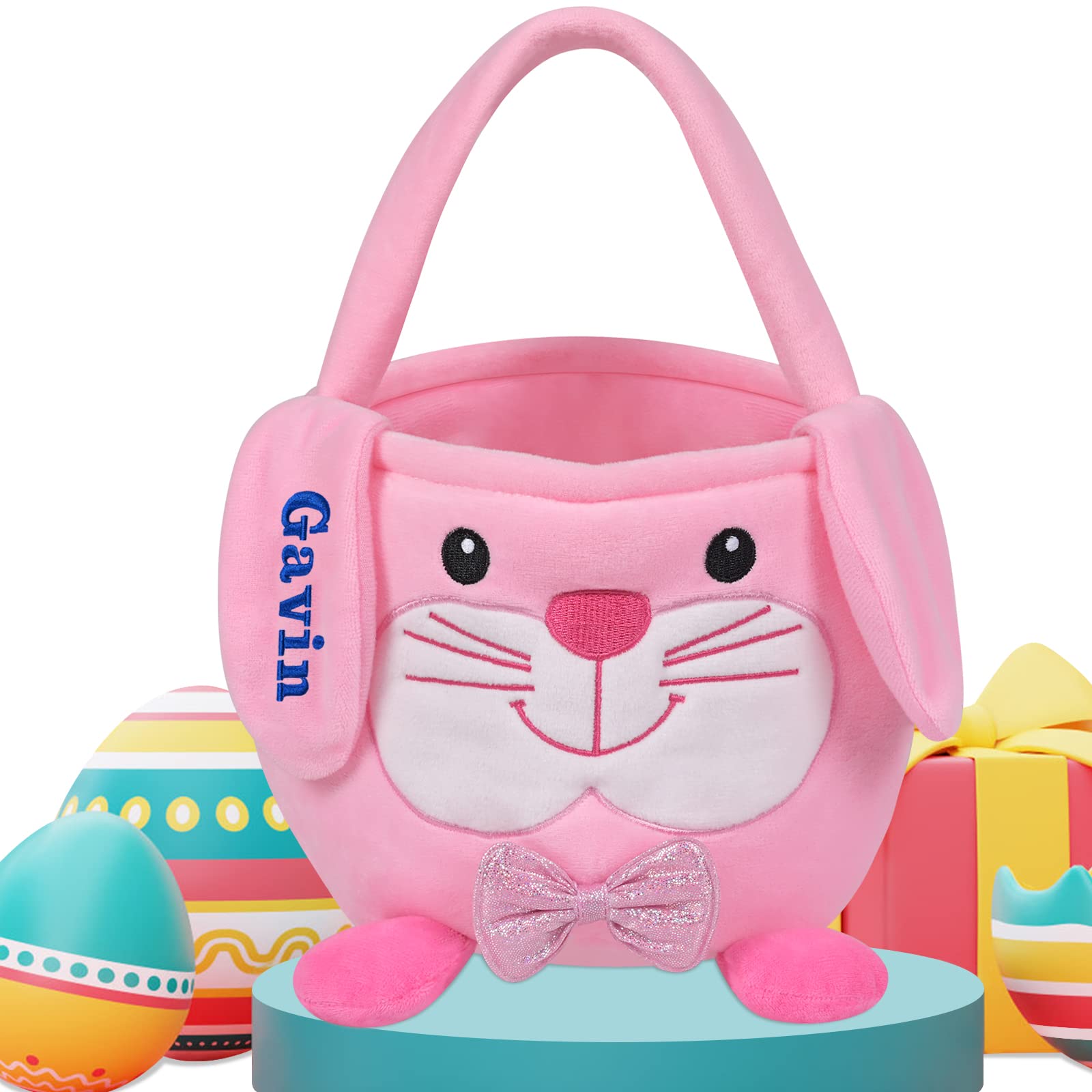 Touber Easter Baskets for Kids, Easter Bunny Basket Gifts Easter Basket with Handle Personalized Easter Baskets for Girls Boys Personalized Easter Gifts Easter Eggs Hunt Baskets for Kids - Pink