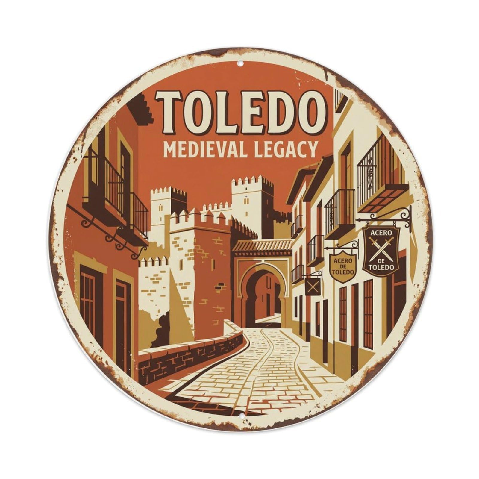 Vintage Travel Toledo Stone Spain Metal Tin Sign