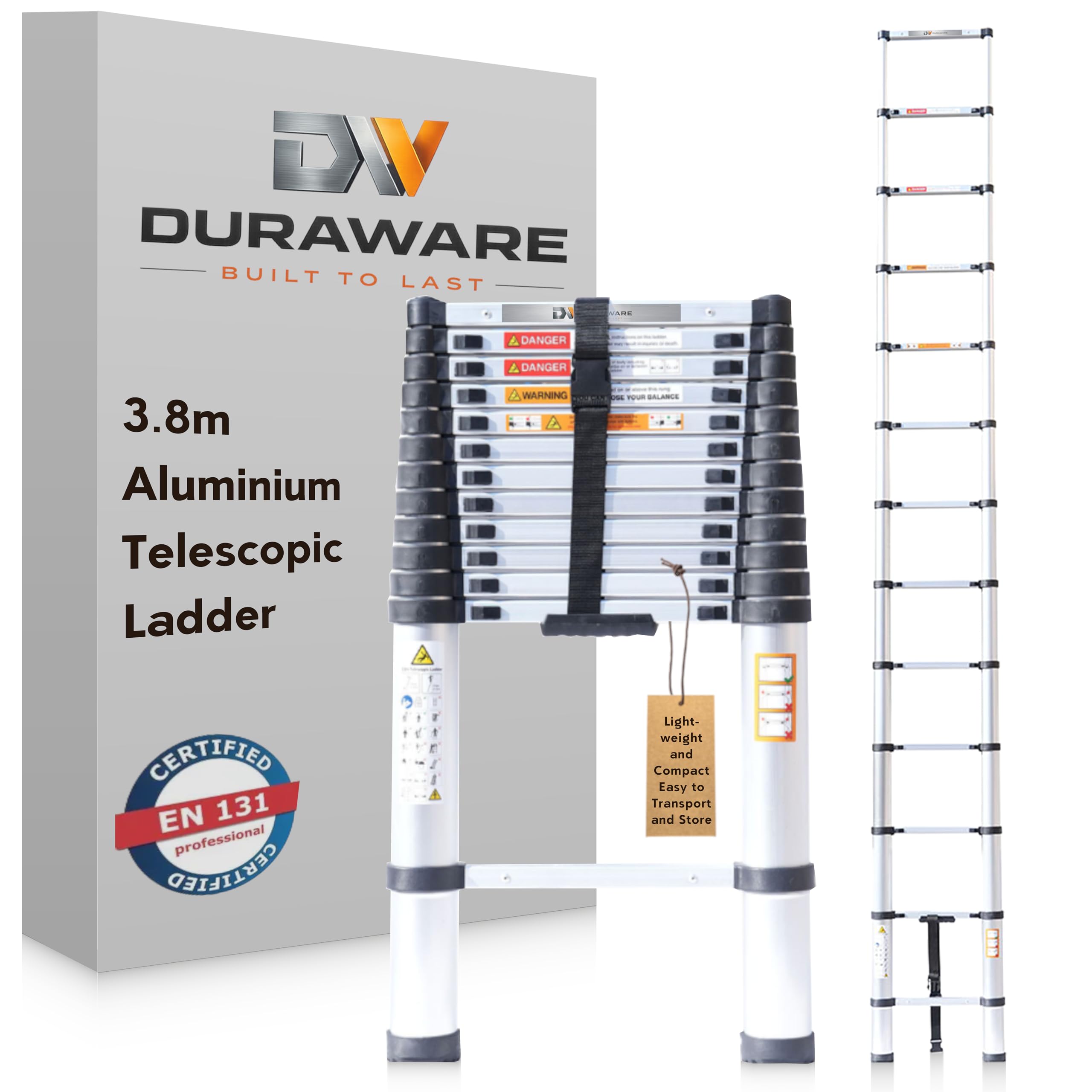 Duraware Silver Telescopic Ladder 3.8M Aluminium En131 Certified Uk Stocked Prime-Eligible