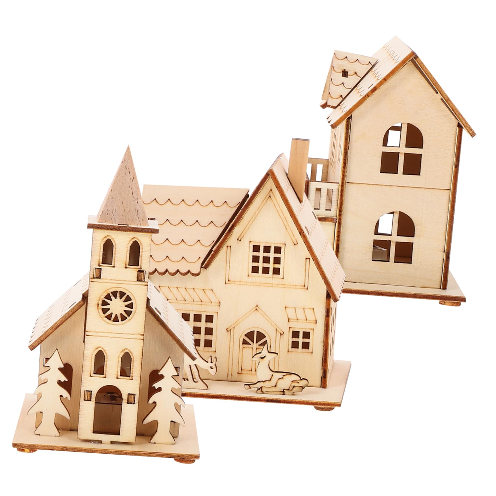 COLLBATH Decorazioni Natalizie Luminose in Legno Resistenti Per Ambienti Interni, Set 3 Pezzi Di Casette Luminose Design Festivo, Per Soggiorno, Negozi e Feste Di Natale