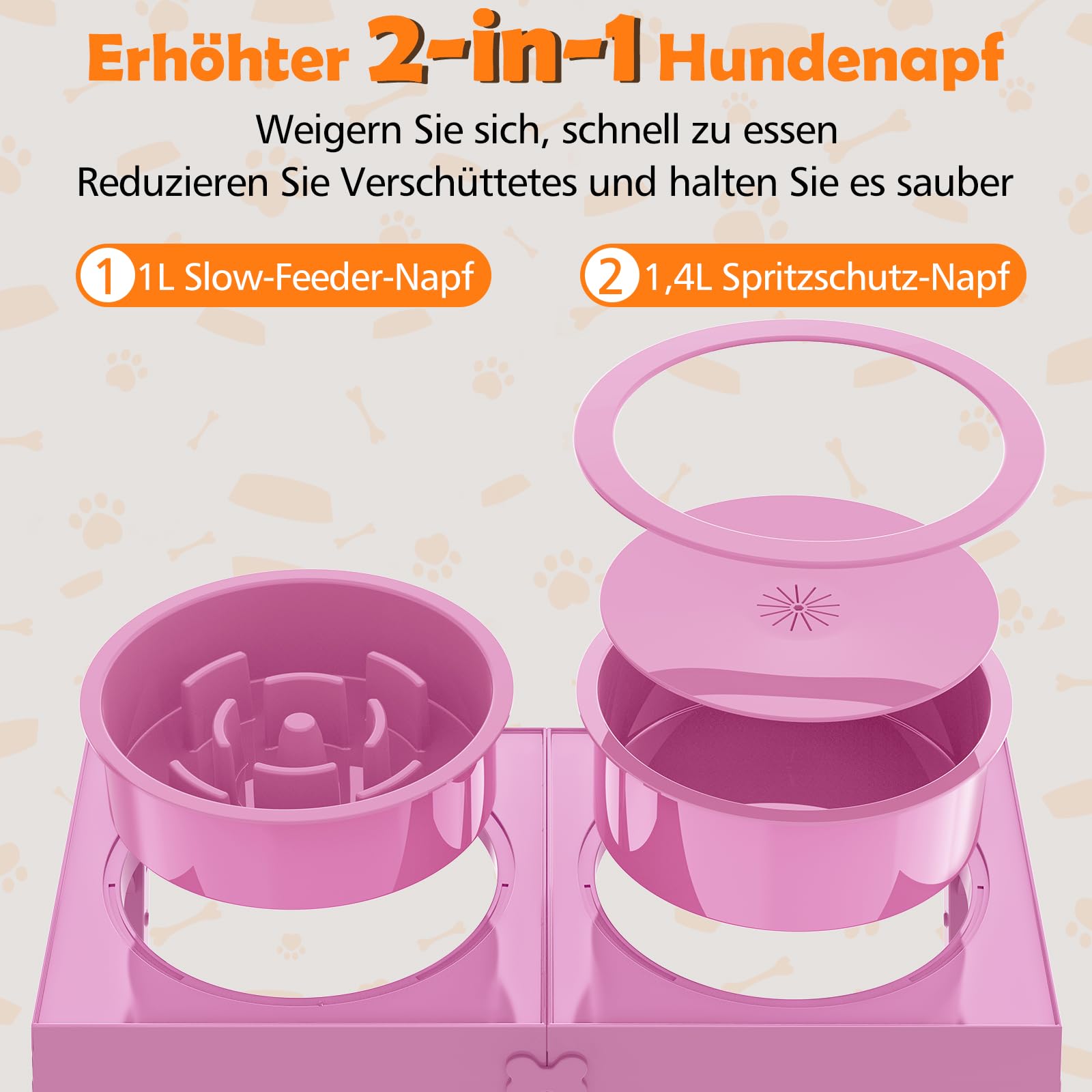 X XBEN 3-in-1 Ciotole per Cani Rialzate con 5 Altezze Regolabile, 1L Ciotola Anti Ingozzamento, 1,4L Acqua Cane Antigoccia, Ciotola per Cani Piccolo, Medio e Grande, Pieghevole e Antiscivolo, Rosa